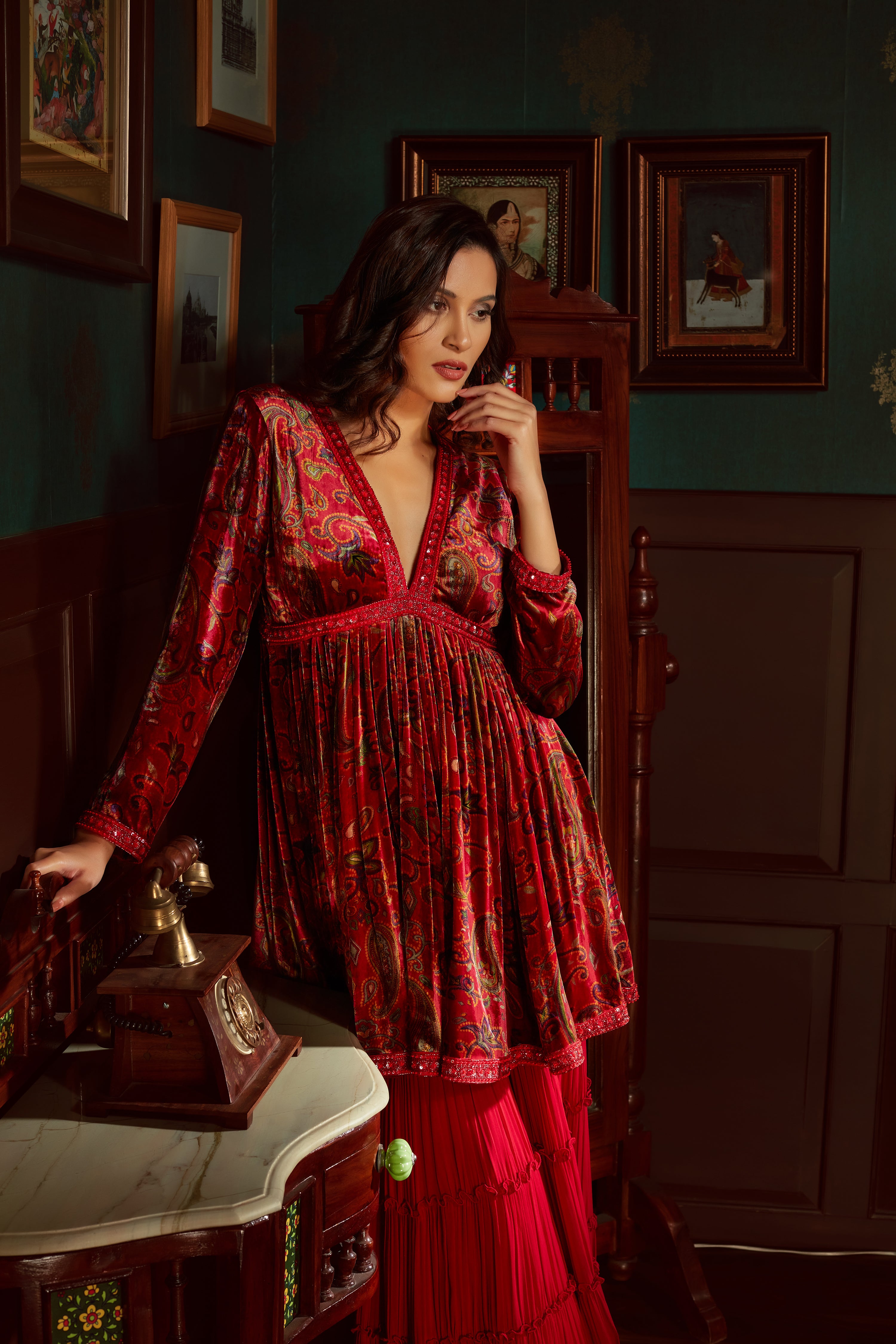 Red Printed Velvet Sharara Set