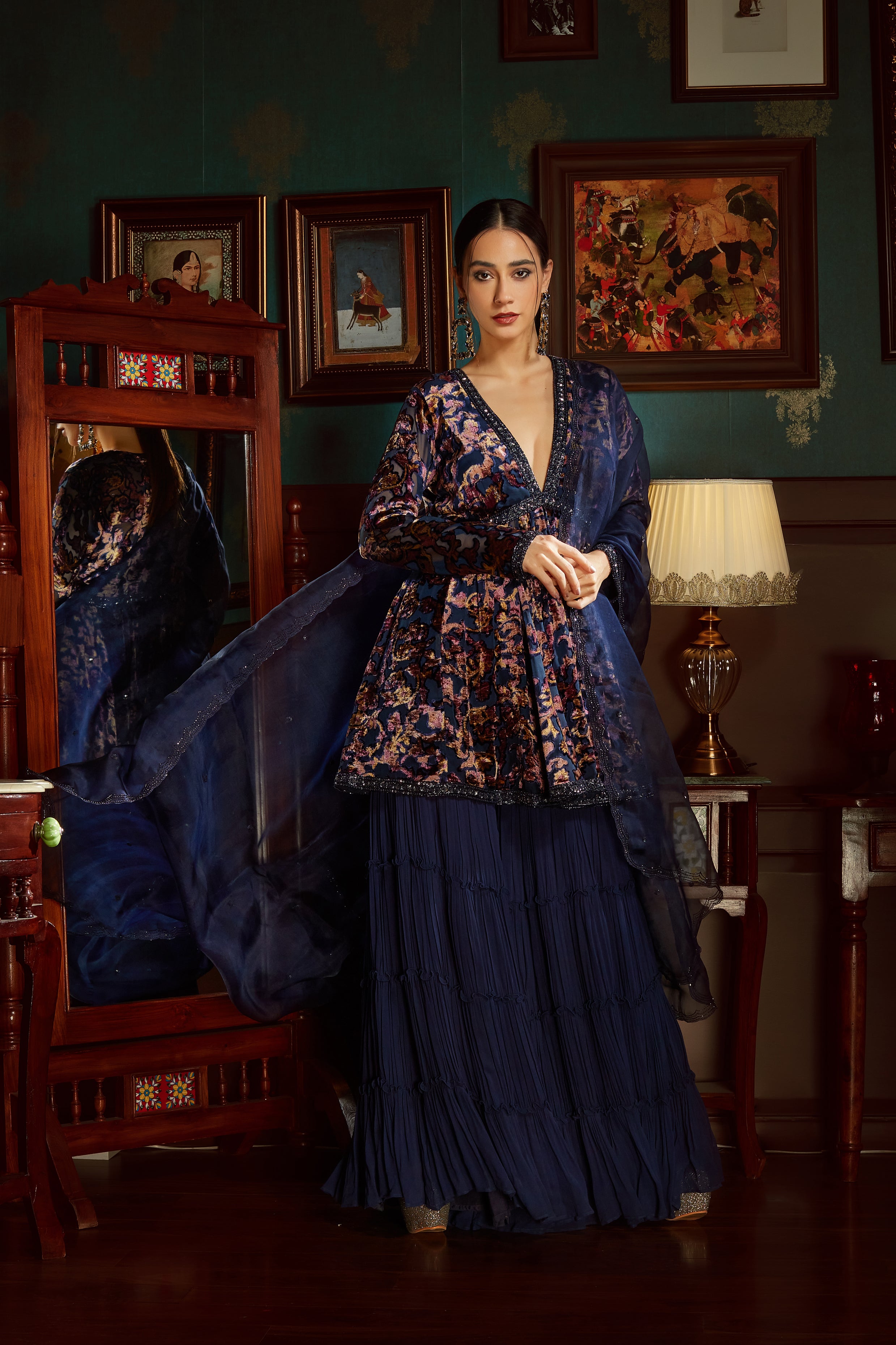 Buy Blue Velvet Hand Embroidered Floral V Neck Bani Sharara Set For Women  by Tarini Vij Online at Aza Fashions.