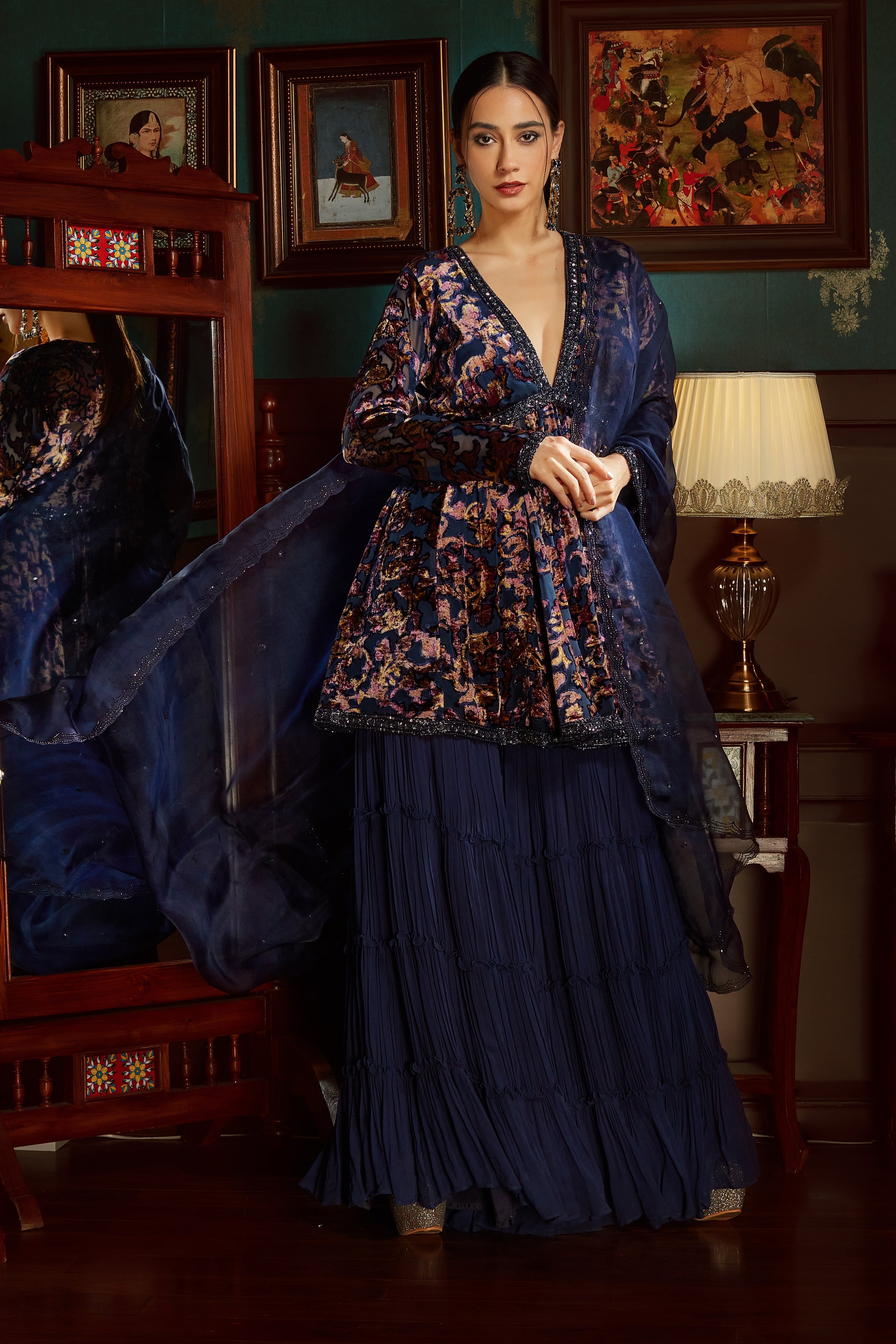 Midnight Blue Printed Velvet Sharara Set