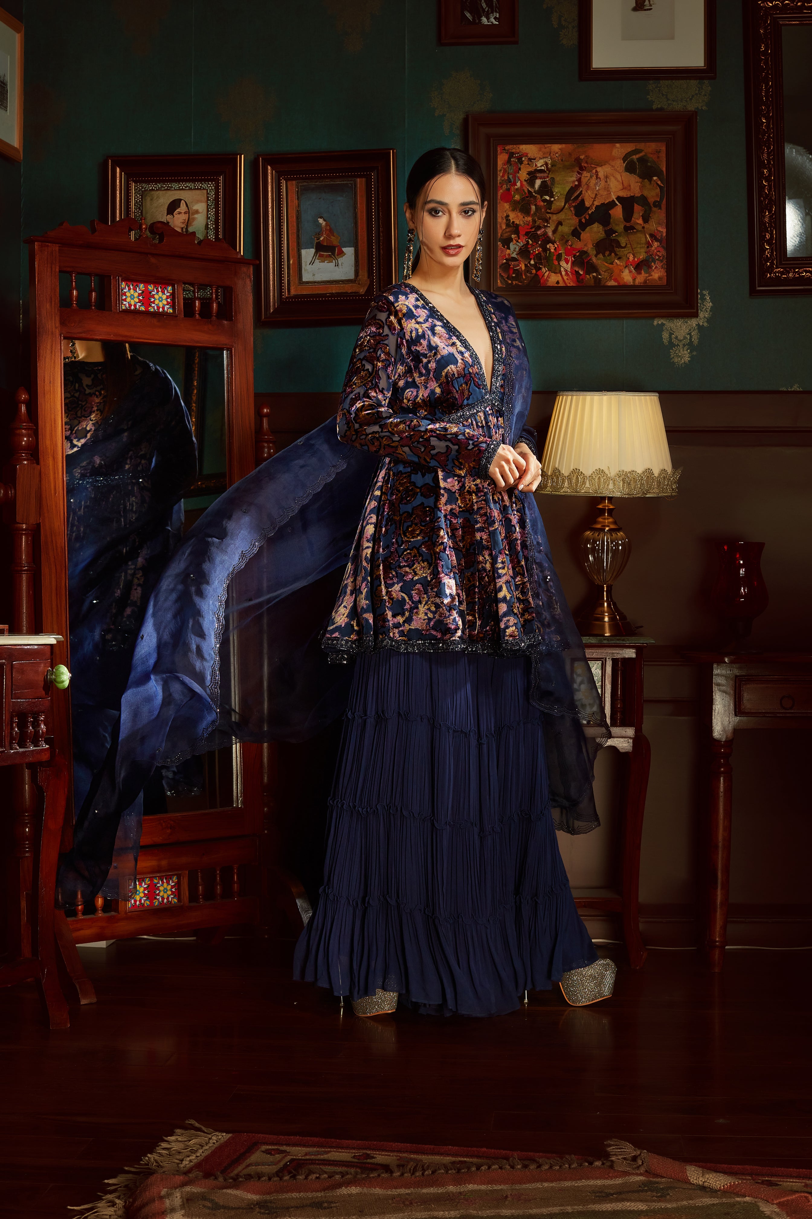 Midnight Blue Printed Velvet Sharara Set