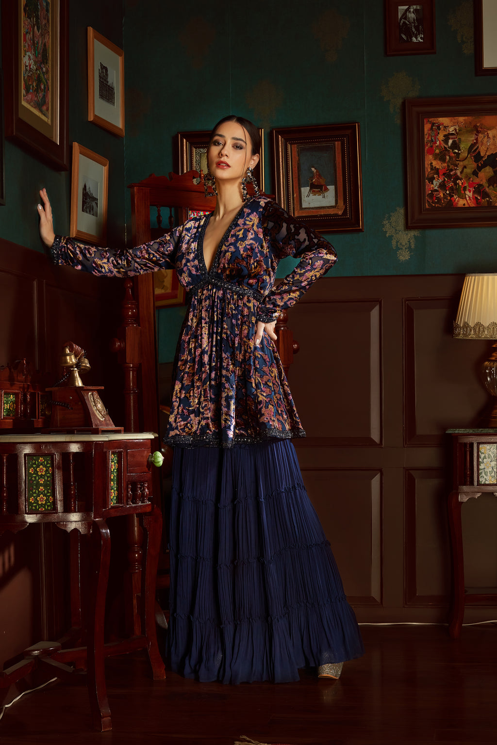 Midnight Blue Printed Velvet Sharara Set
