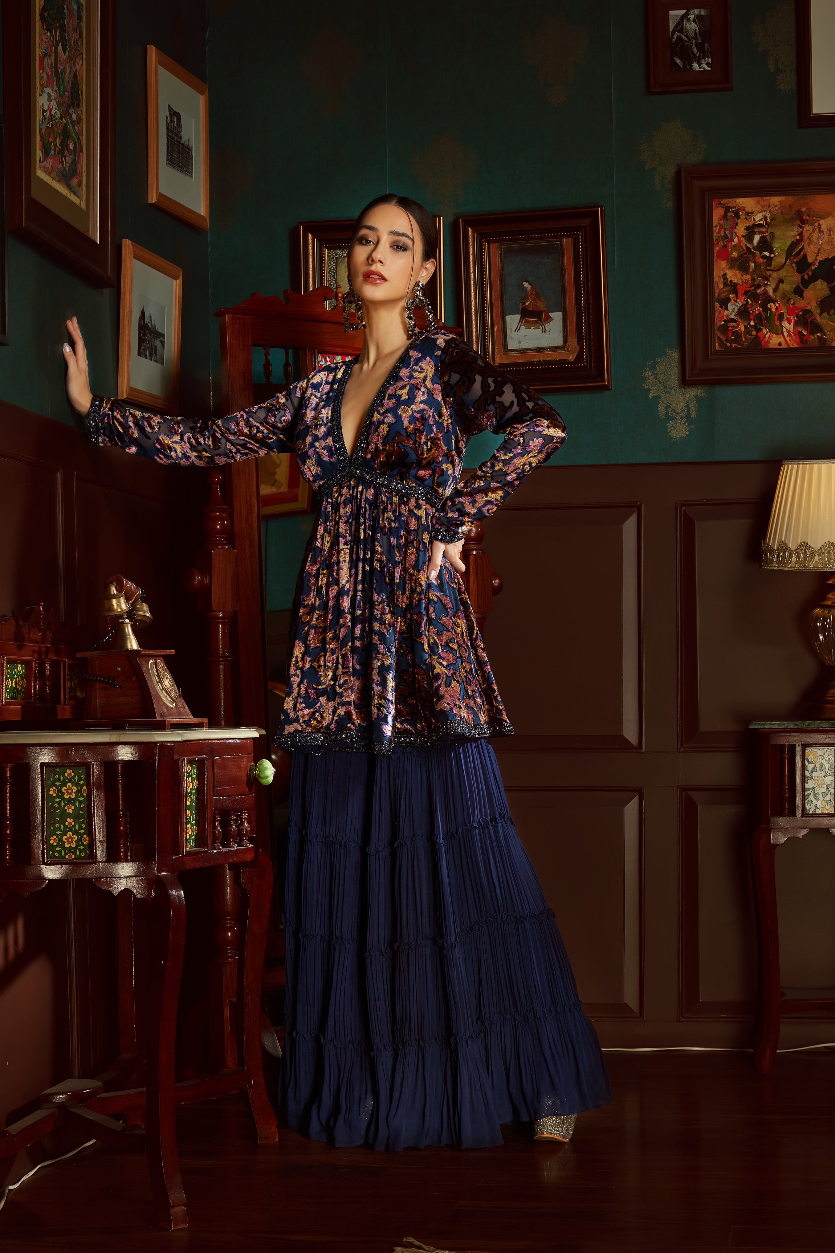 Midnight Blue Printed Velvet Sharara Set
