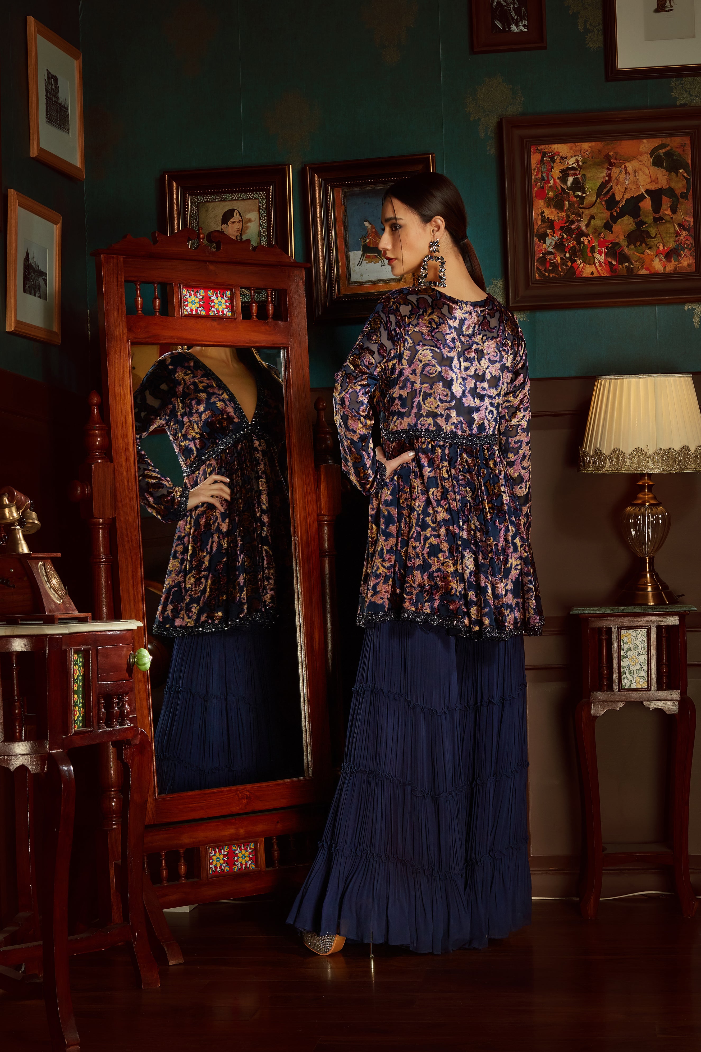 Midnight Blue Printed Velvet Sharara Set