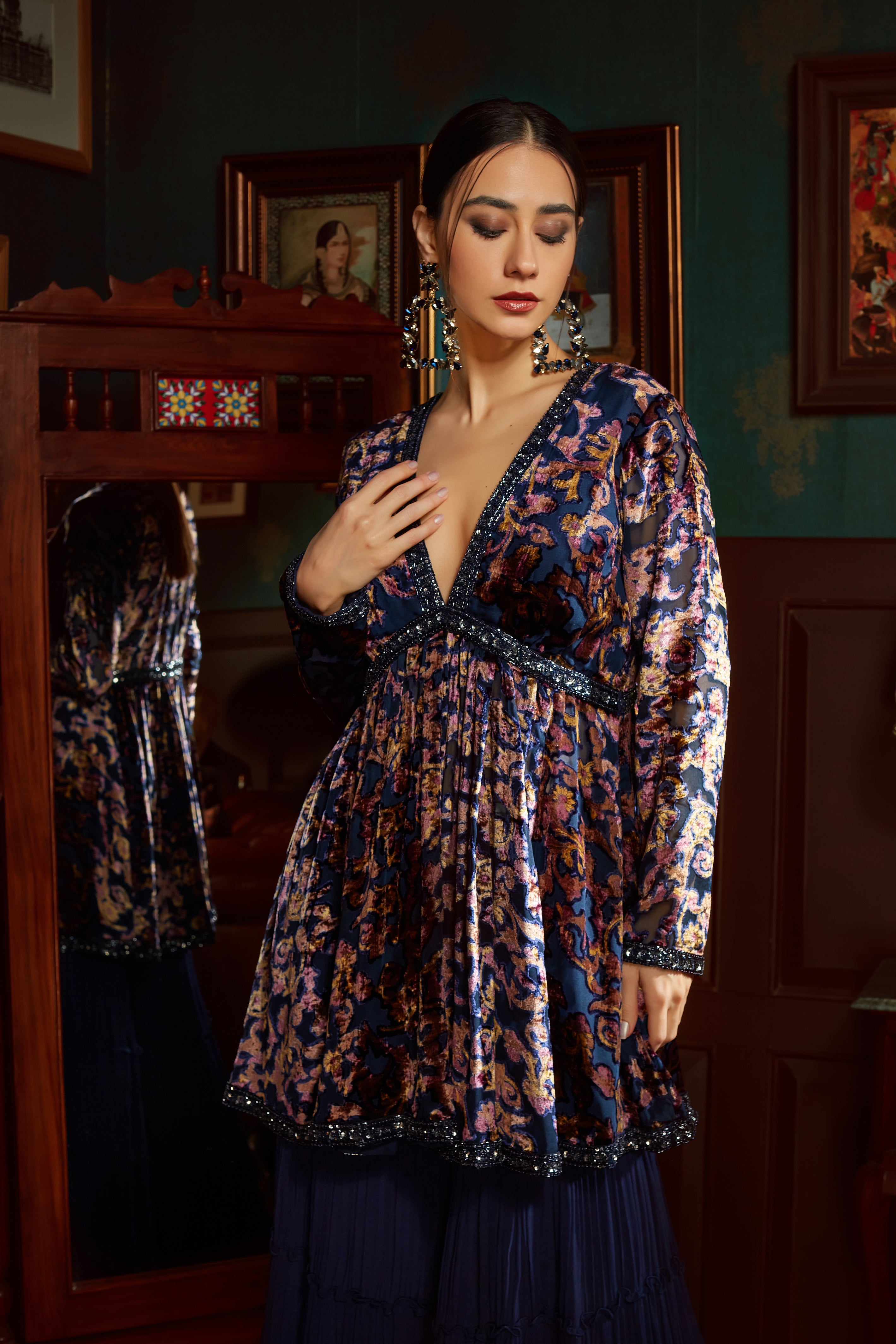 Midnight Blue Printed Velvet Sharara Set
