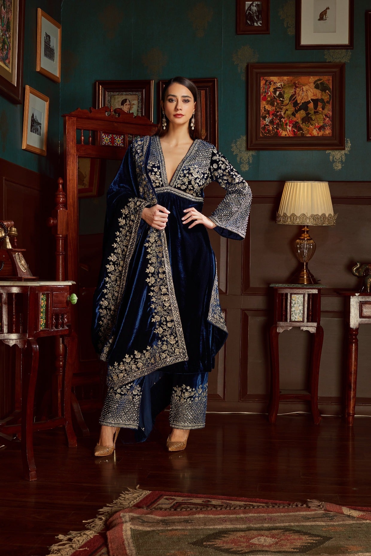 Midnight Blue Embroidered Velvet Suit Set