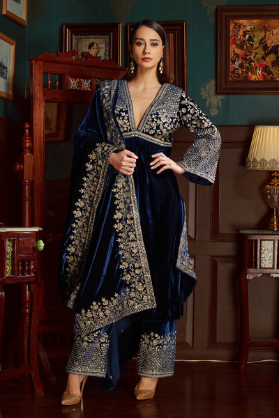 Midnight Blue Embroidered Velvet Suit Set