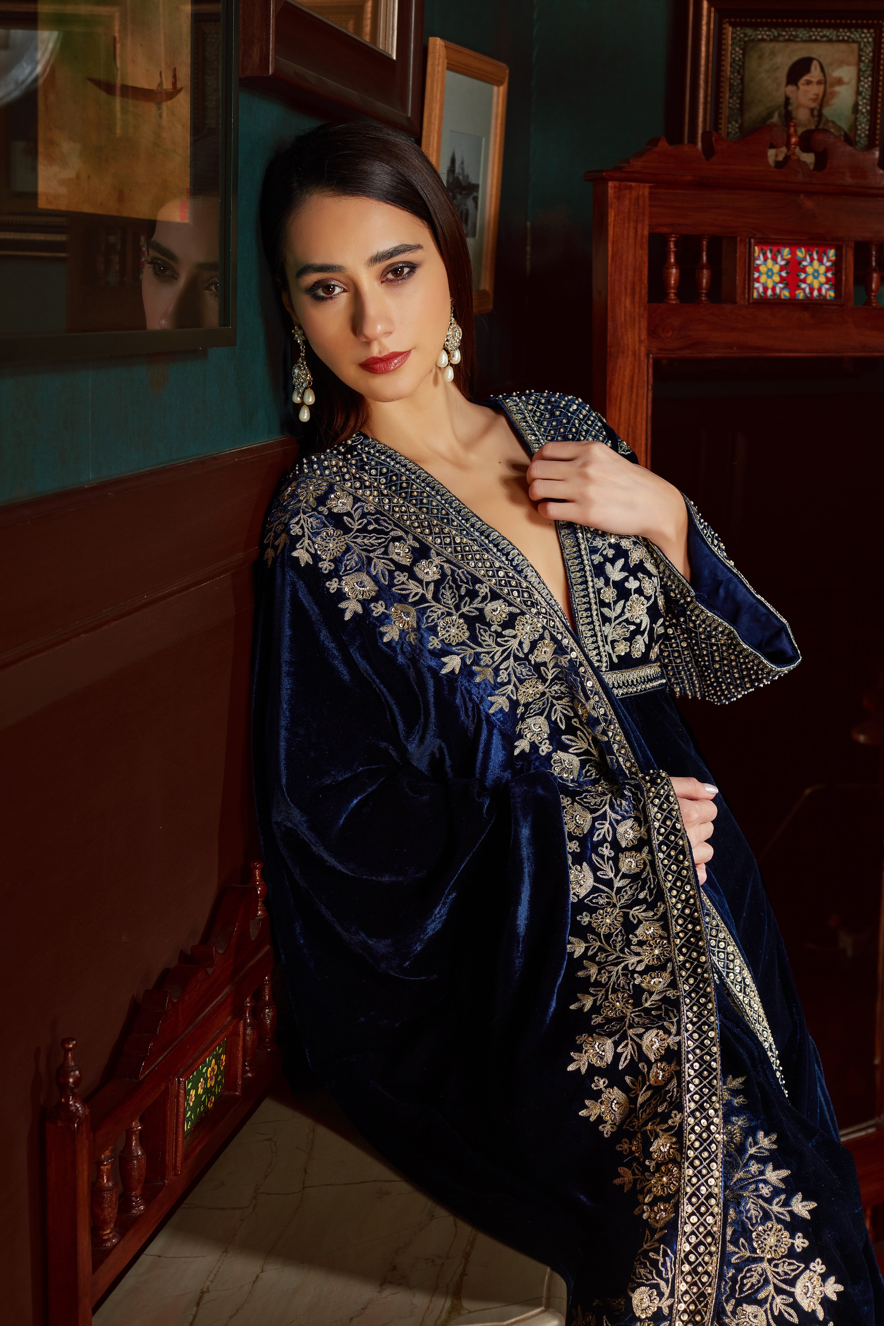 Midnight Blue Embroidered Velvet Suit Set