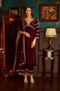 Wine Embroidered Velvet Suit Set