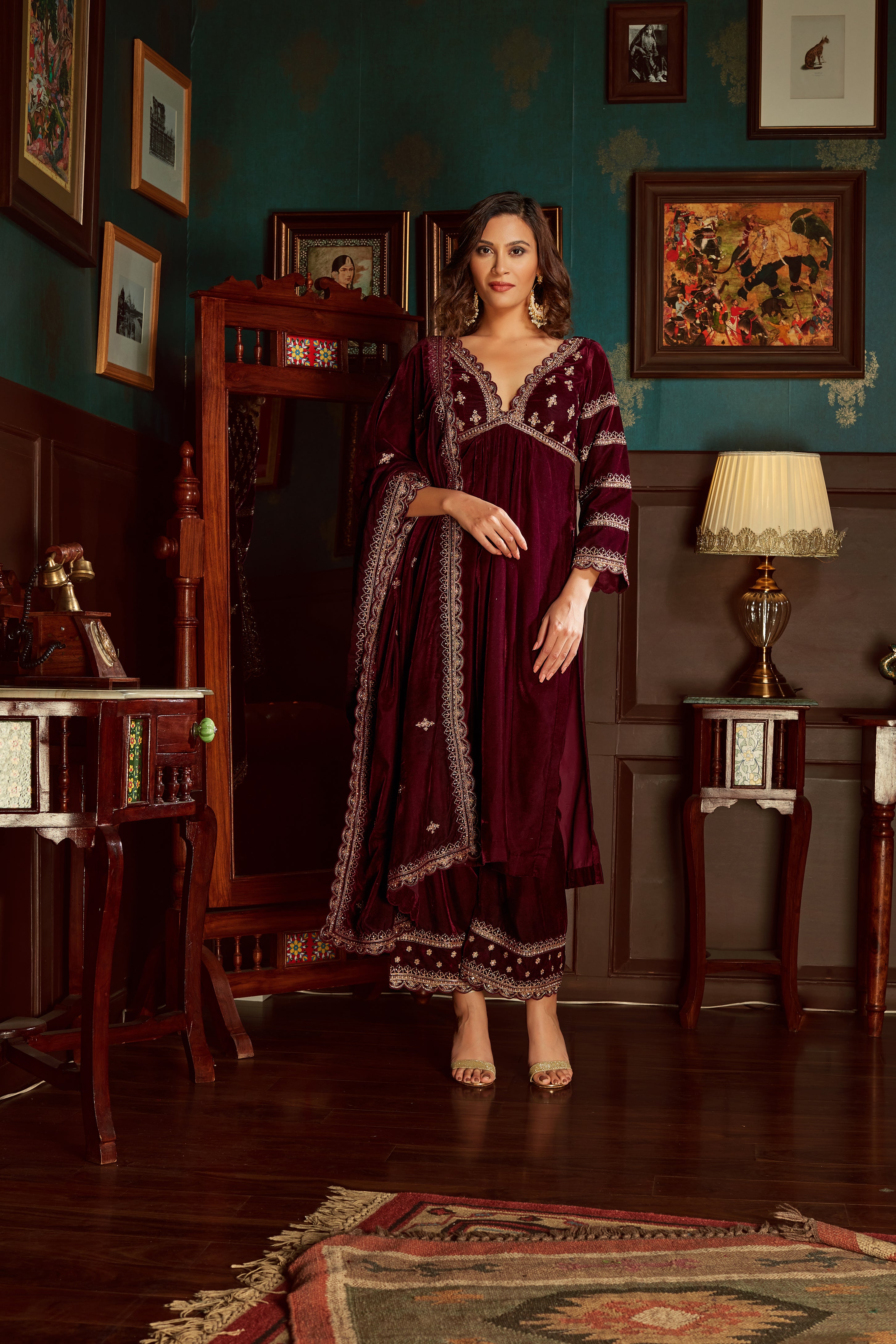 Wine Embroidered Velvet Suit Set