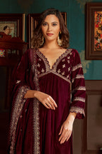 Wine Embroidered Velvet Suit Set