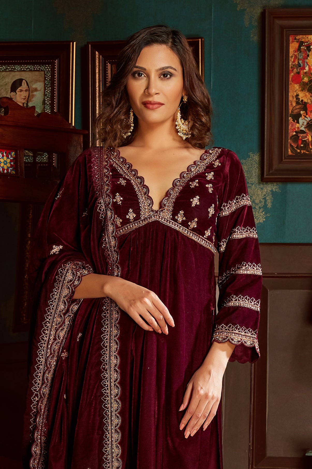 Wine Embroidered Velvet Suit Set