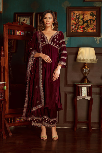 Wine Embroidered Velvet Suit Set