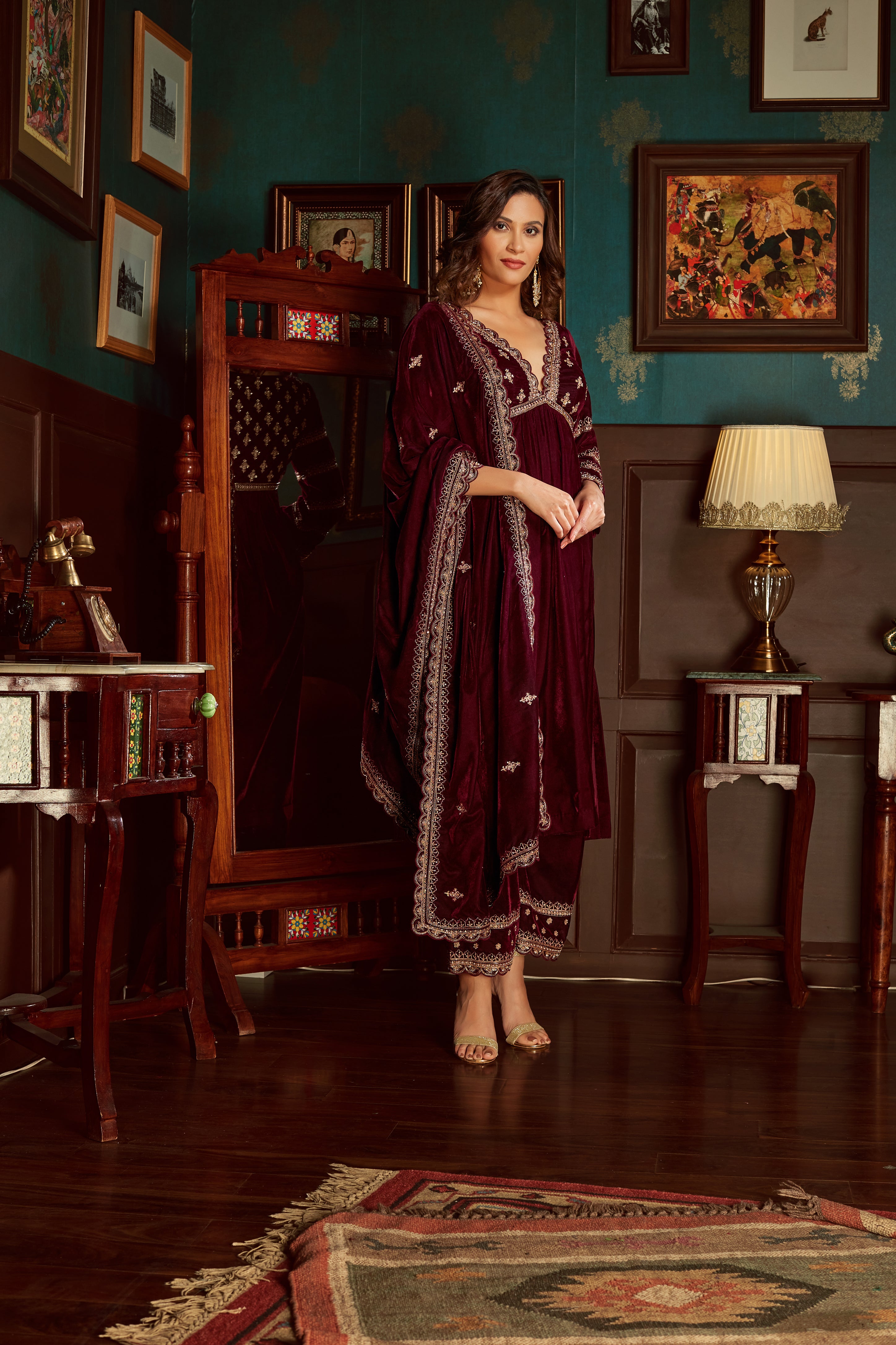 Wine Embroidered Velvet Suit Set