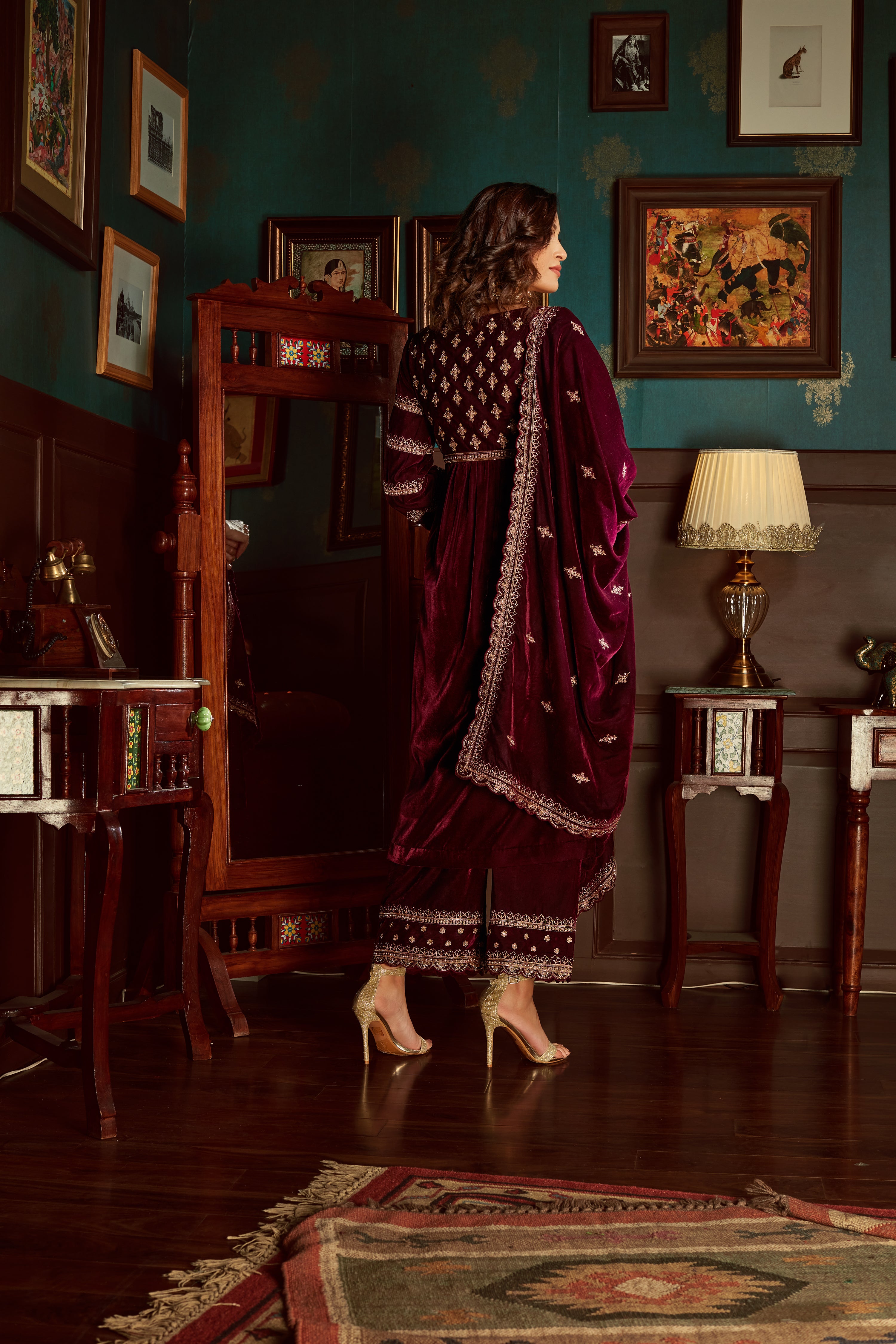 Wine Embroidered Velvet Suit Set