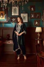 Bottle Green Embroidered Velvet  Suit Set