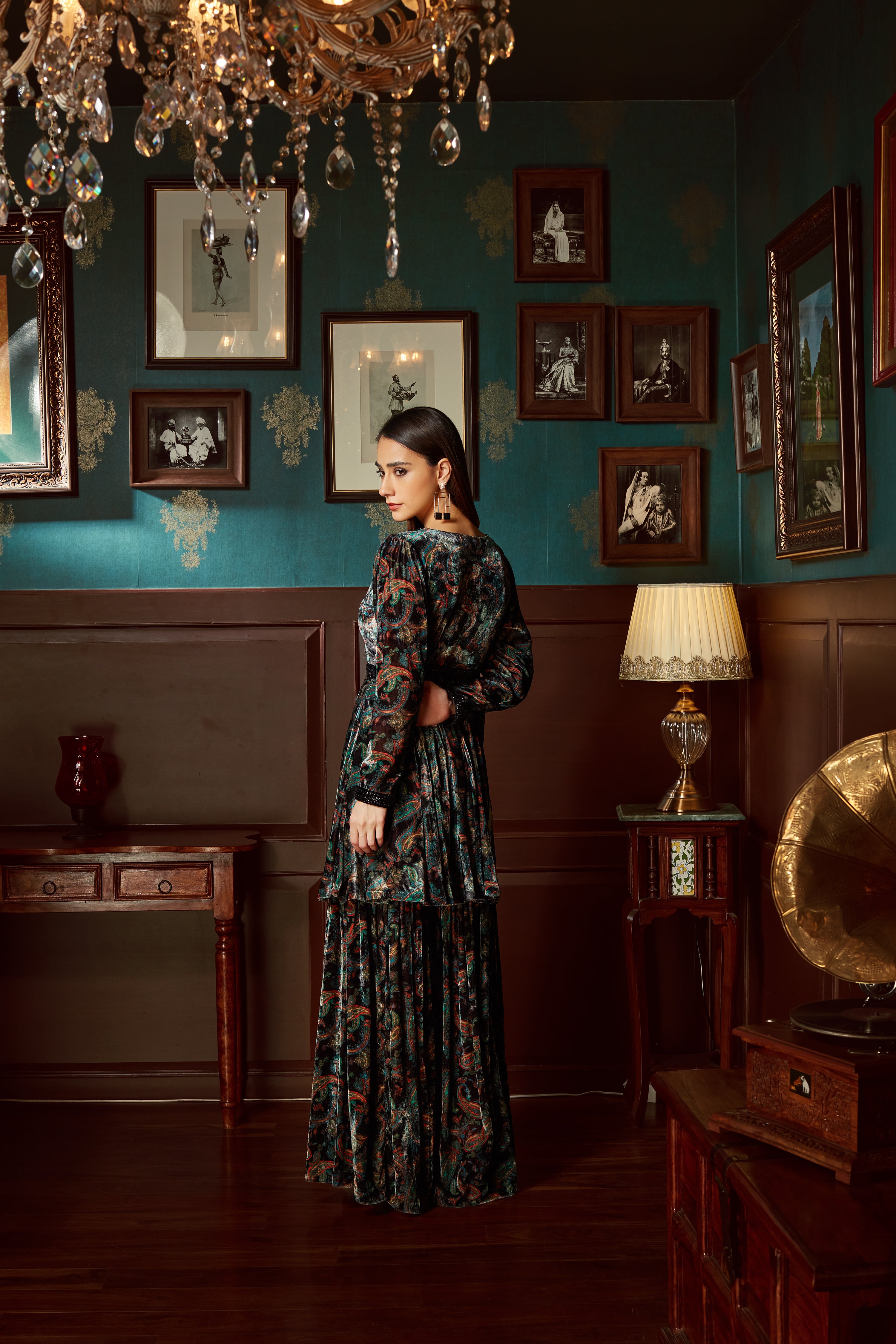 Black Printed Velvet Sharara Set