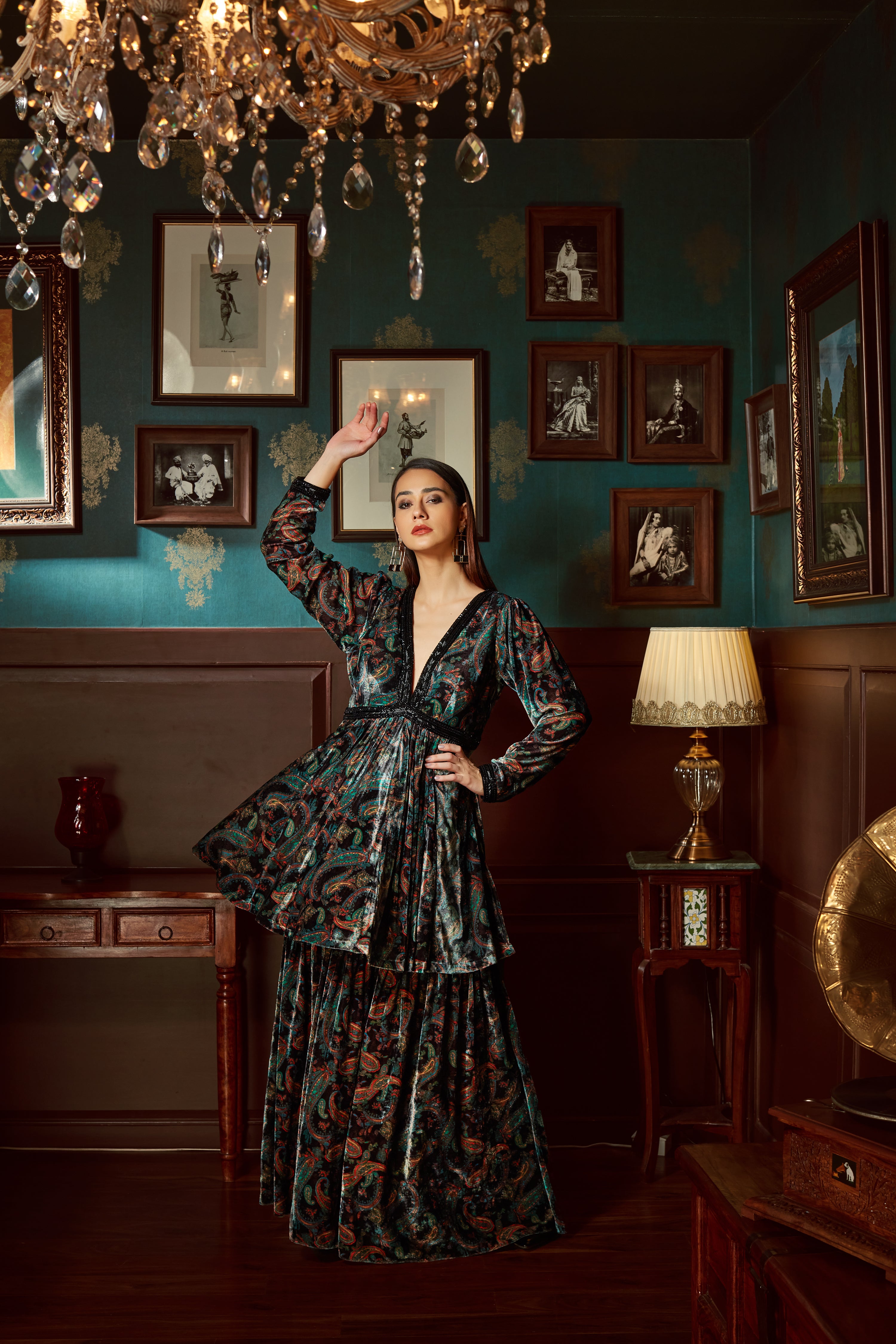 Black Printed Velvet Sharara Set