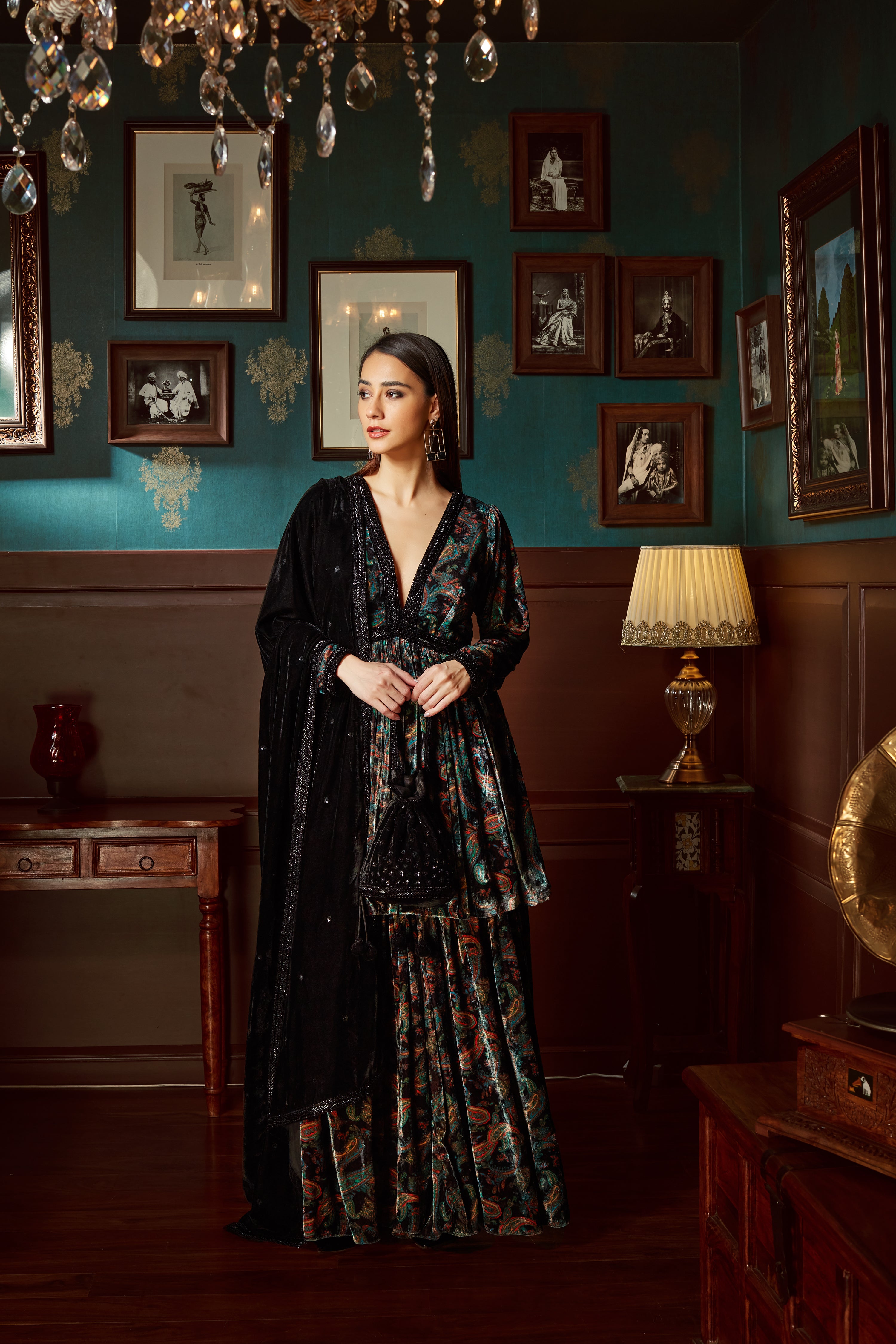 Black Printed Velvet Sharara Set