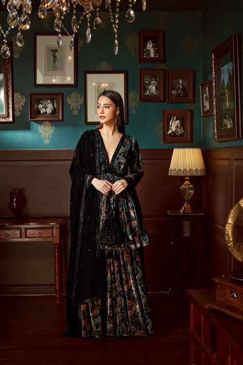 Black Printed Velvet Sharara Set