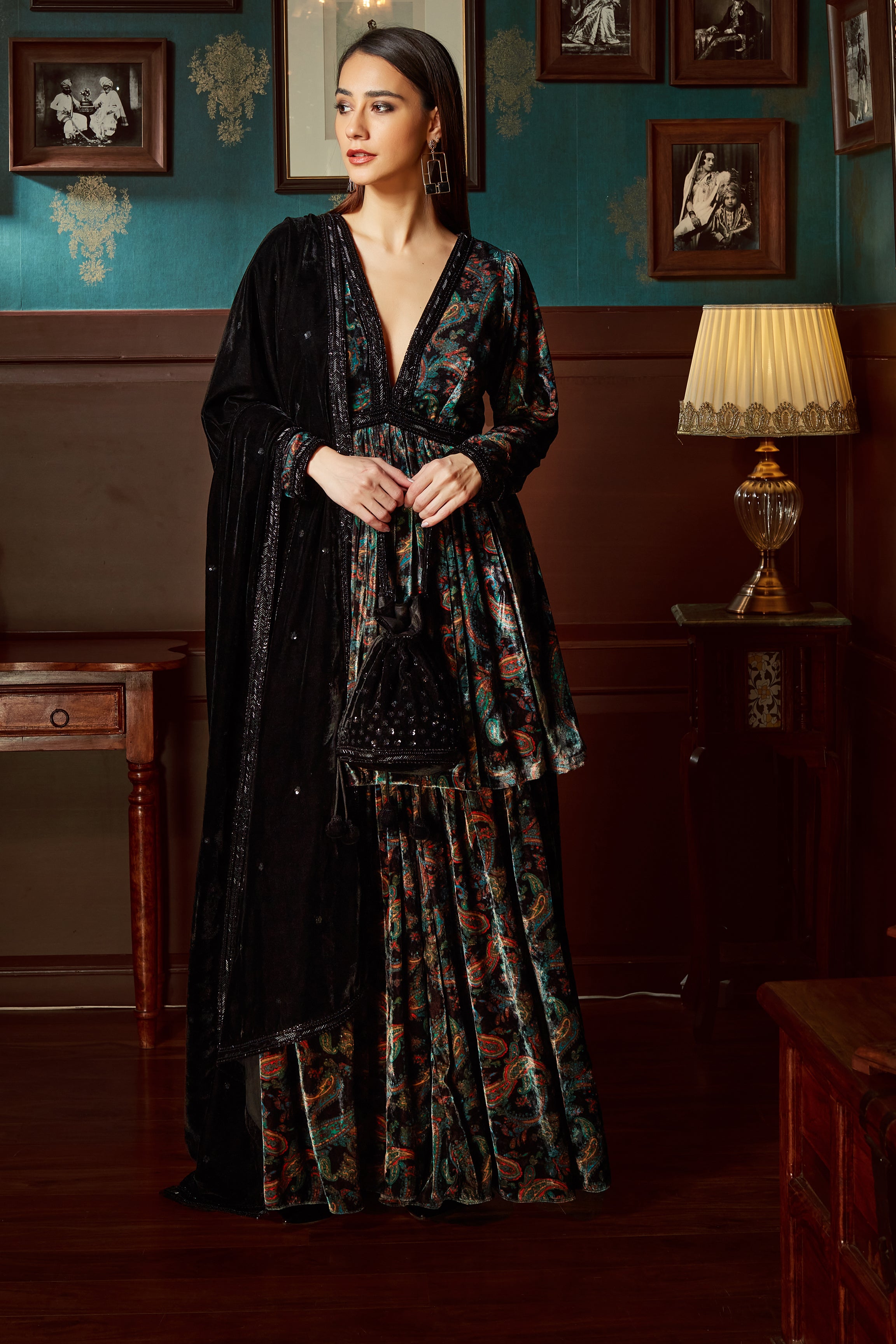 Black Printed Velvet Sharara Set