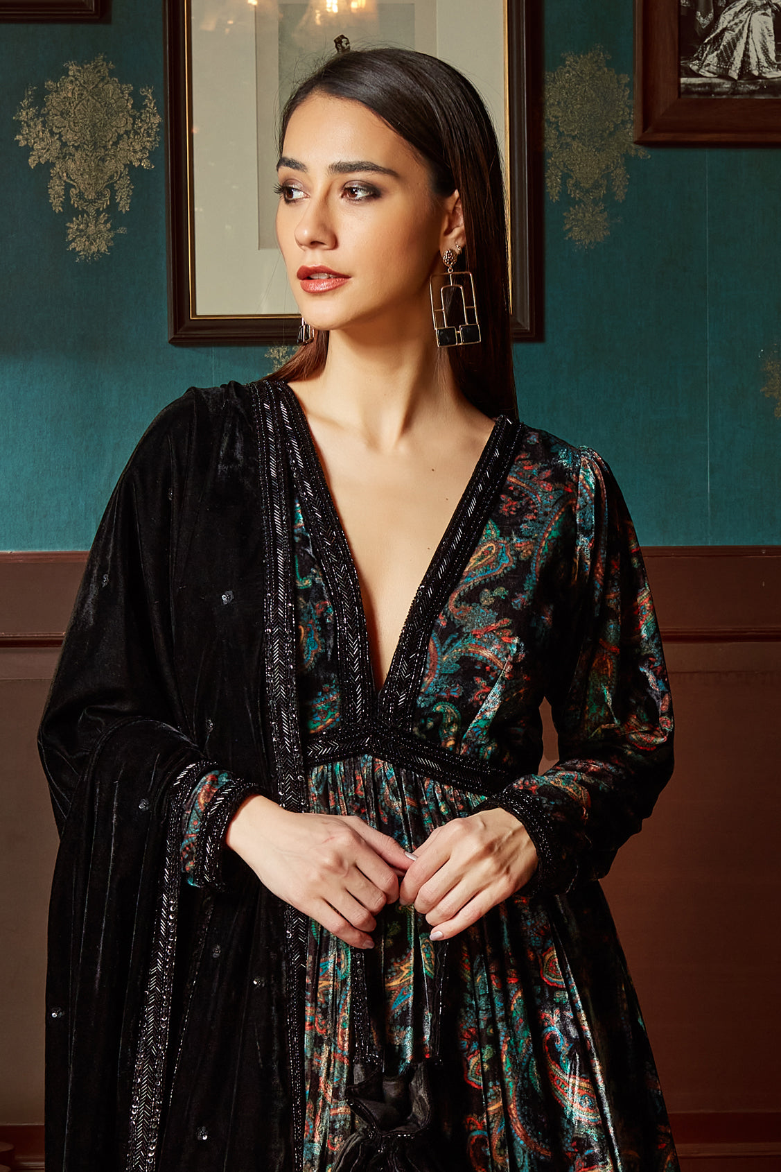 Black Printed Velvet Sharara Set