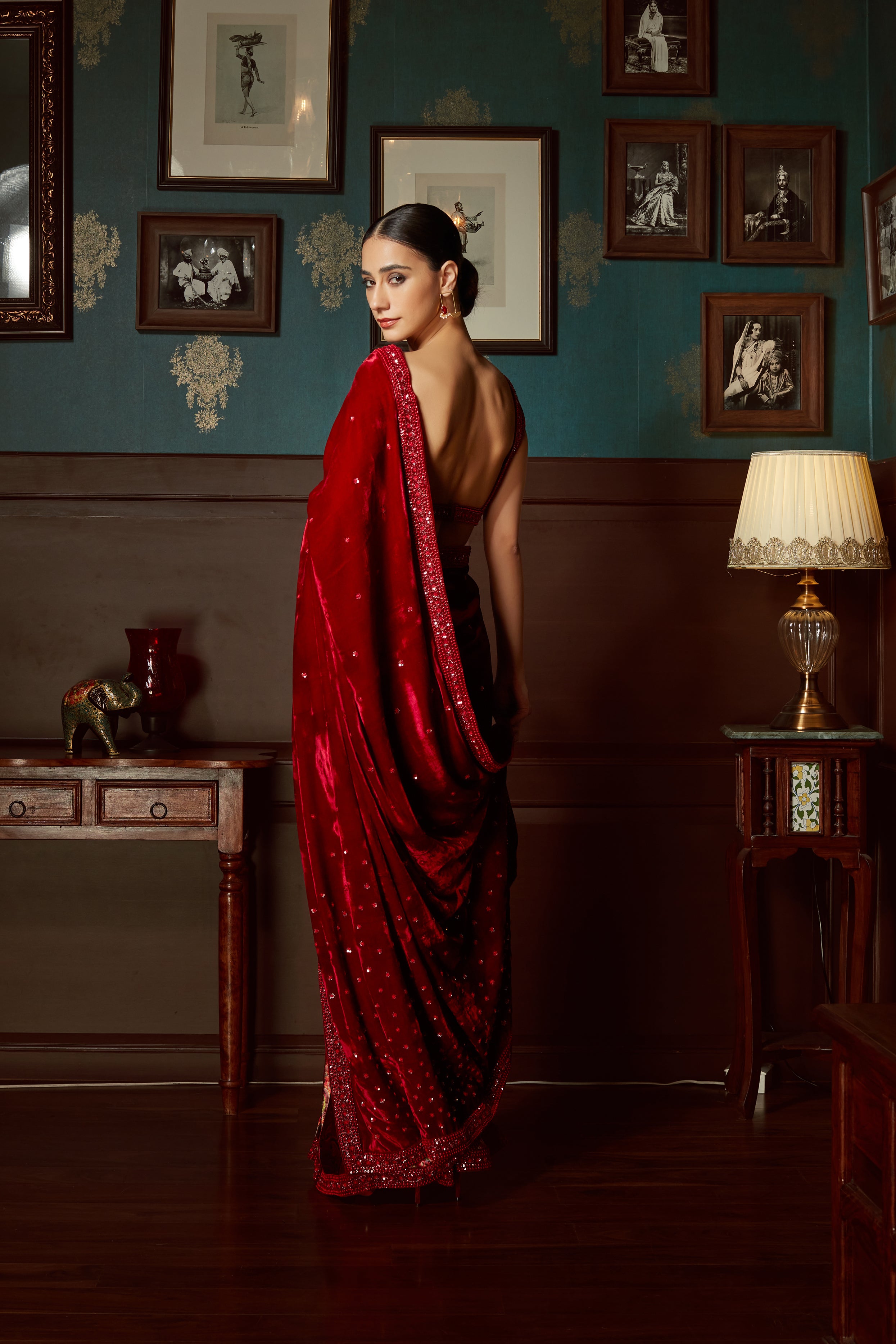 Red Velvet Pre Draped Saree