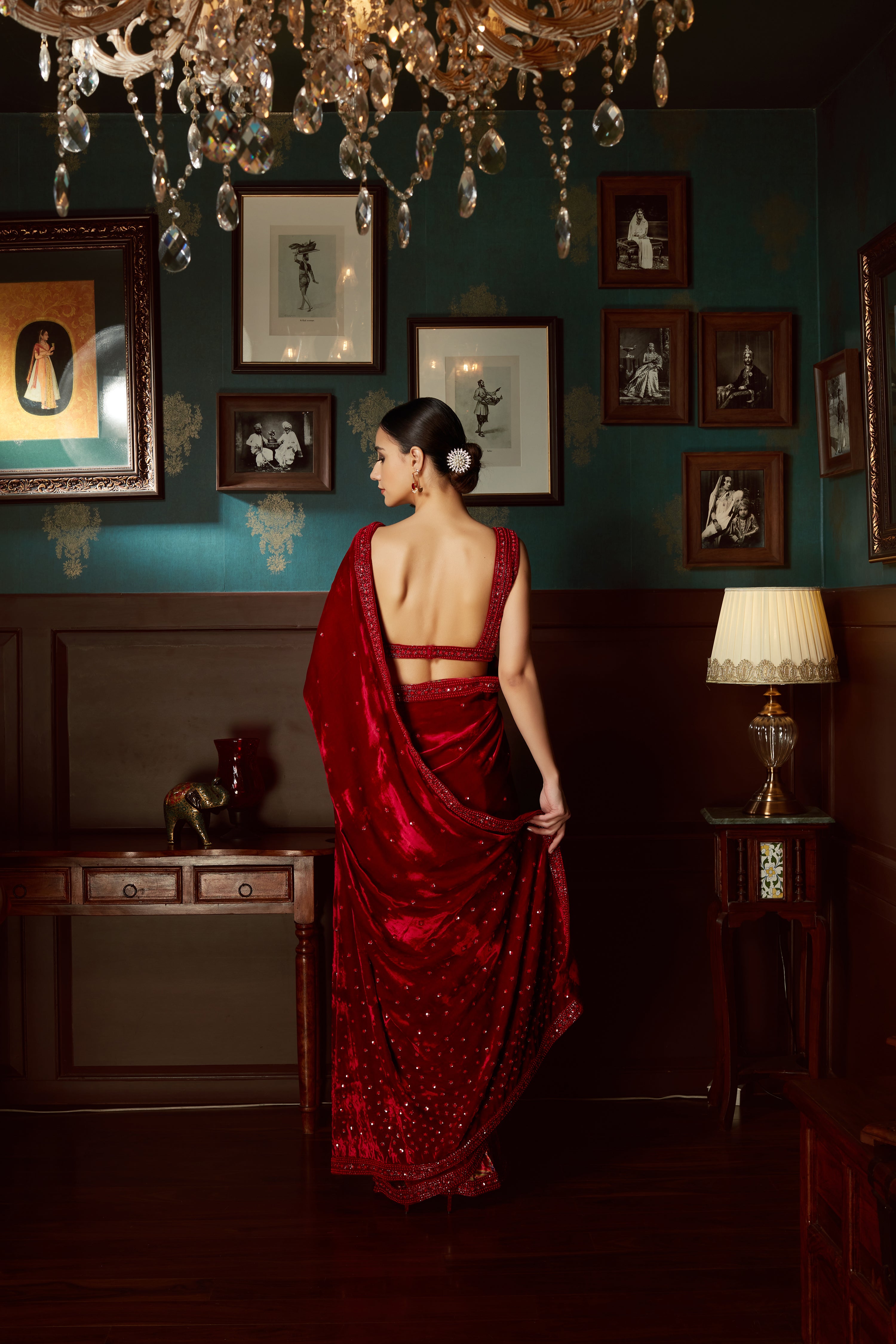 Red Velvet Pre Draped Saree