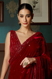 Red Velvet Pre Draped Saree