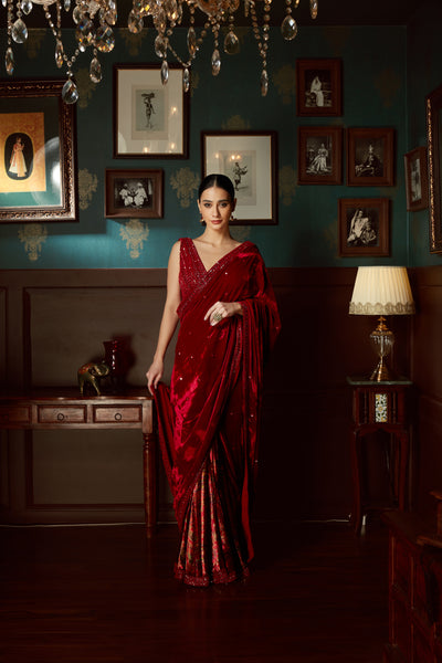 Ethnic Plain Velvet Red Saree With Scallop Border|SARV143956