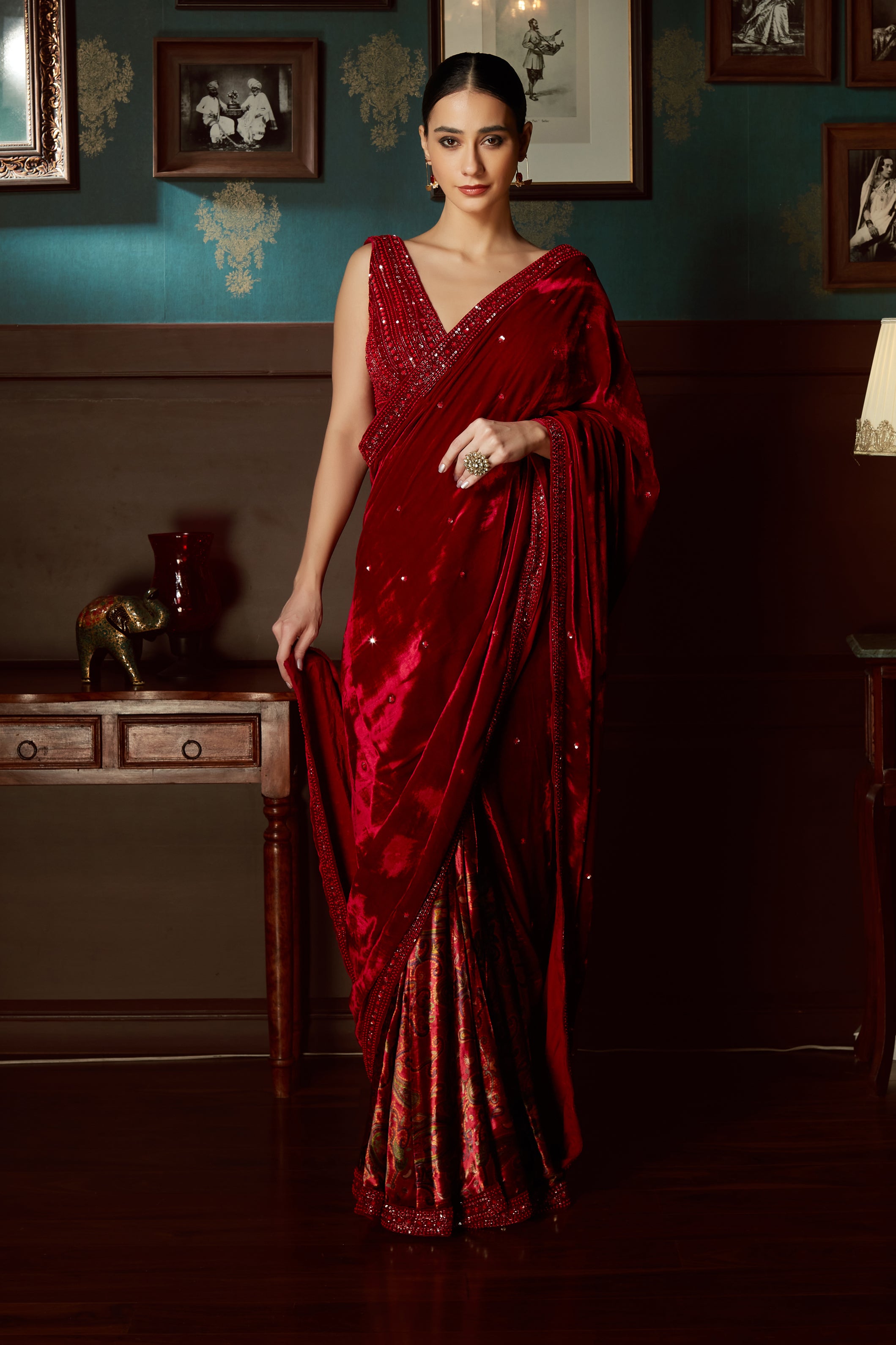 Red Velvet Pre Draped Saree