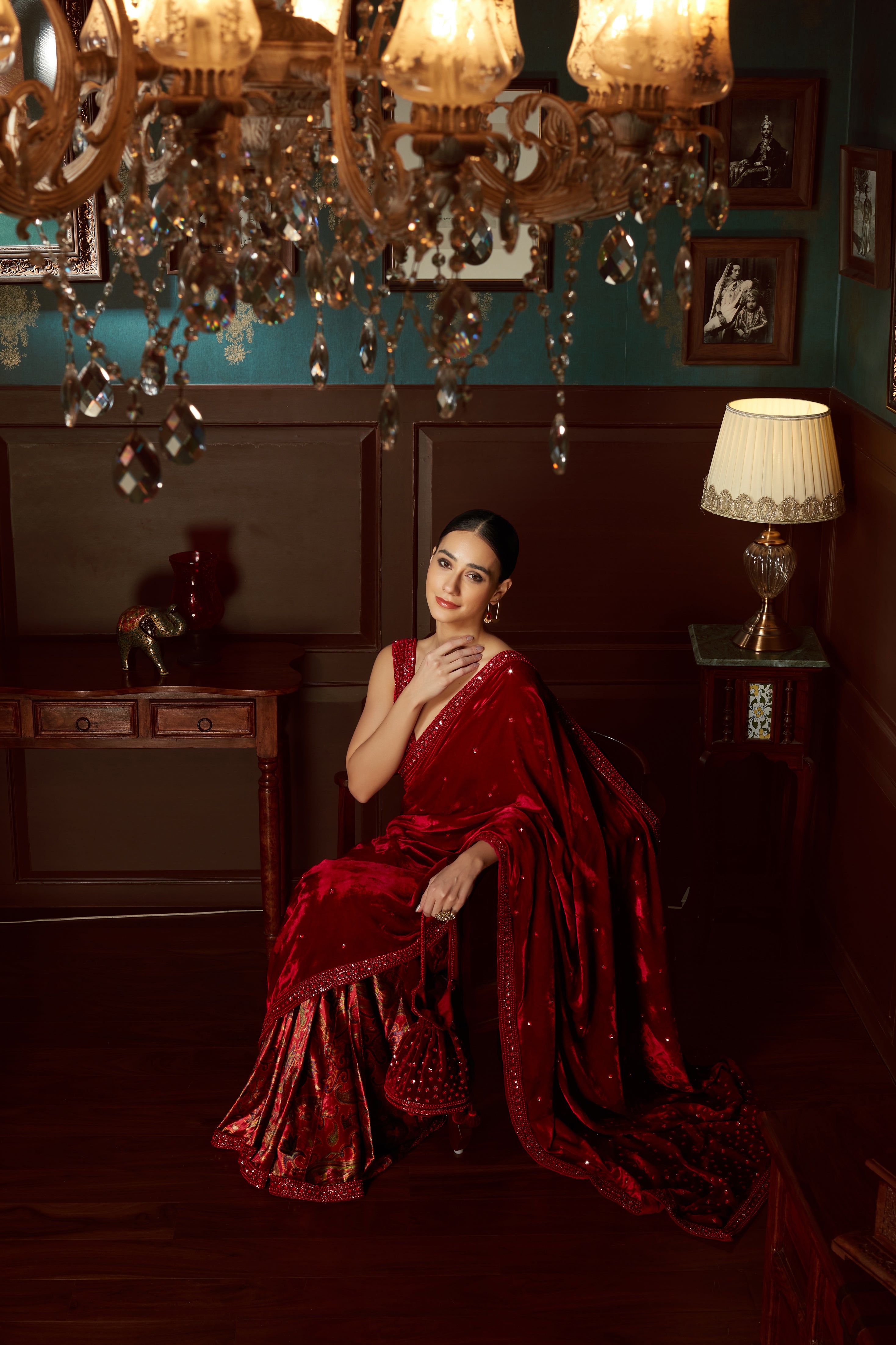 Red Velvet Pre Draped Saree