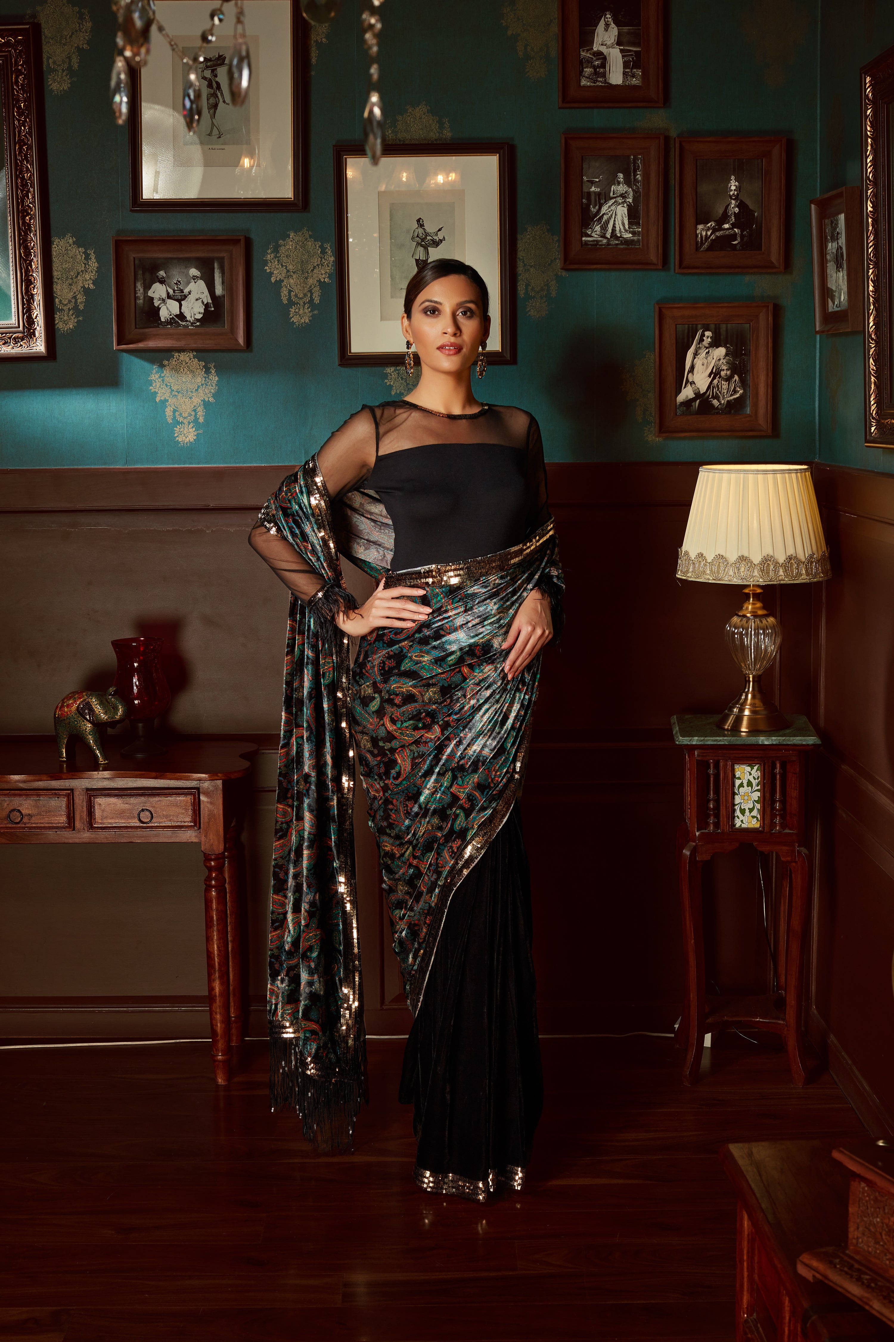 Black velvet Printed Saree