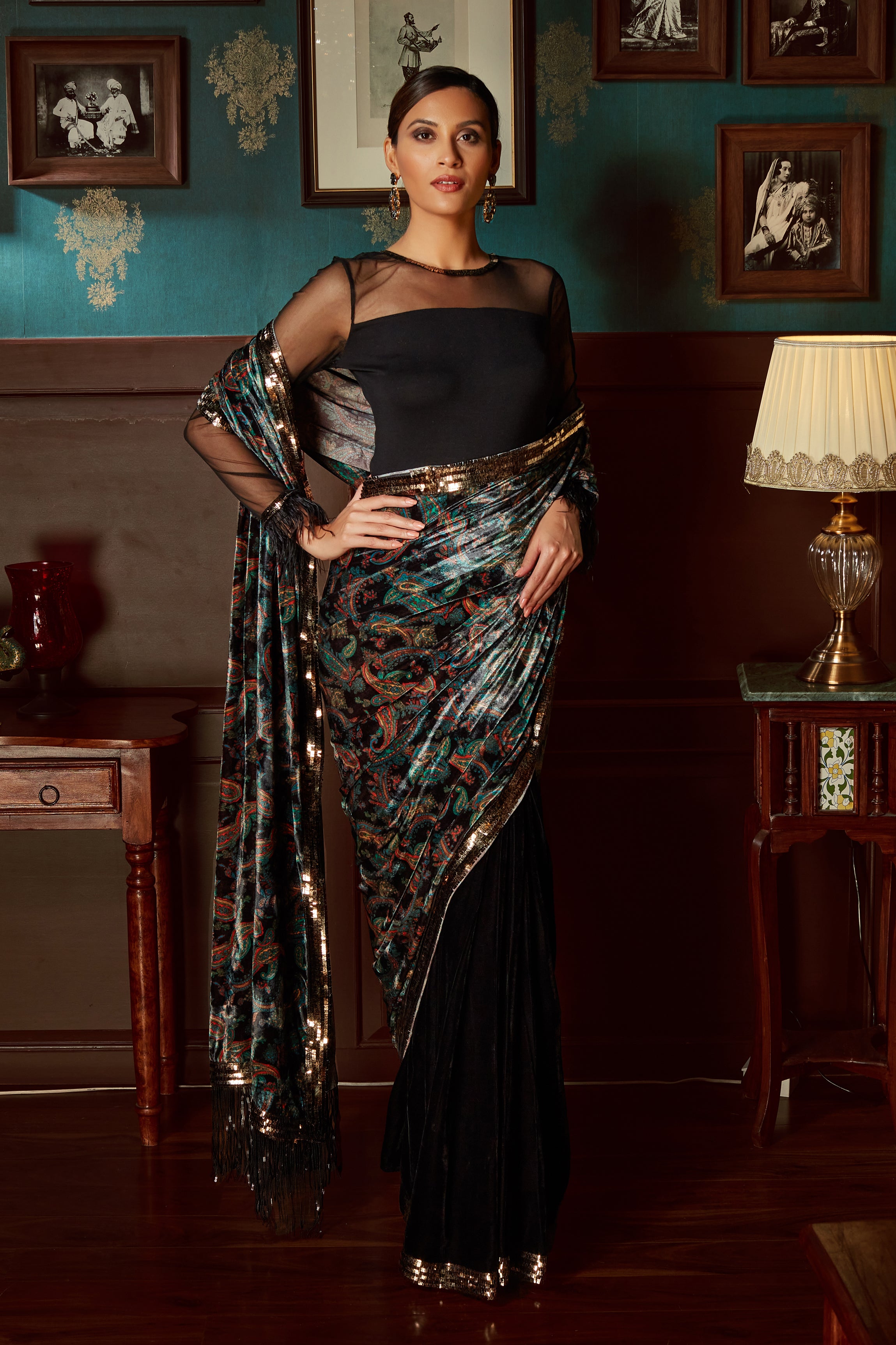 Black velvet Printed Saree