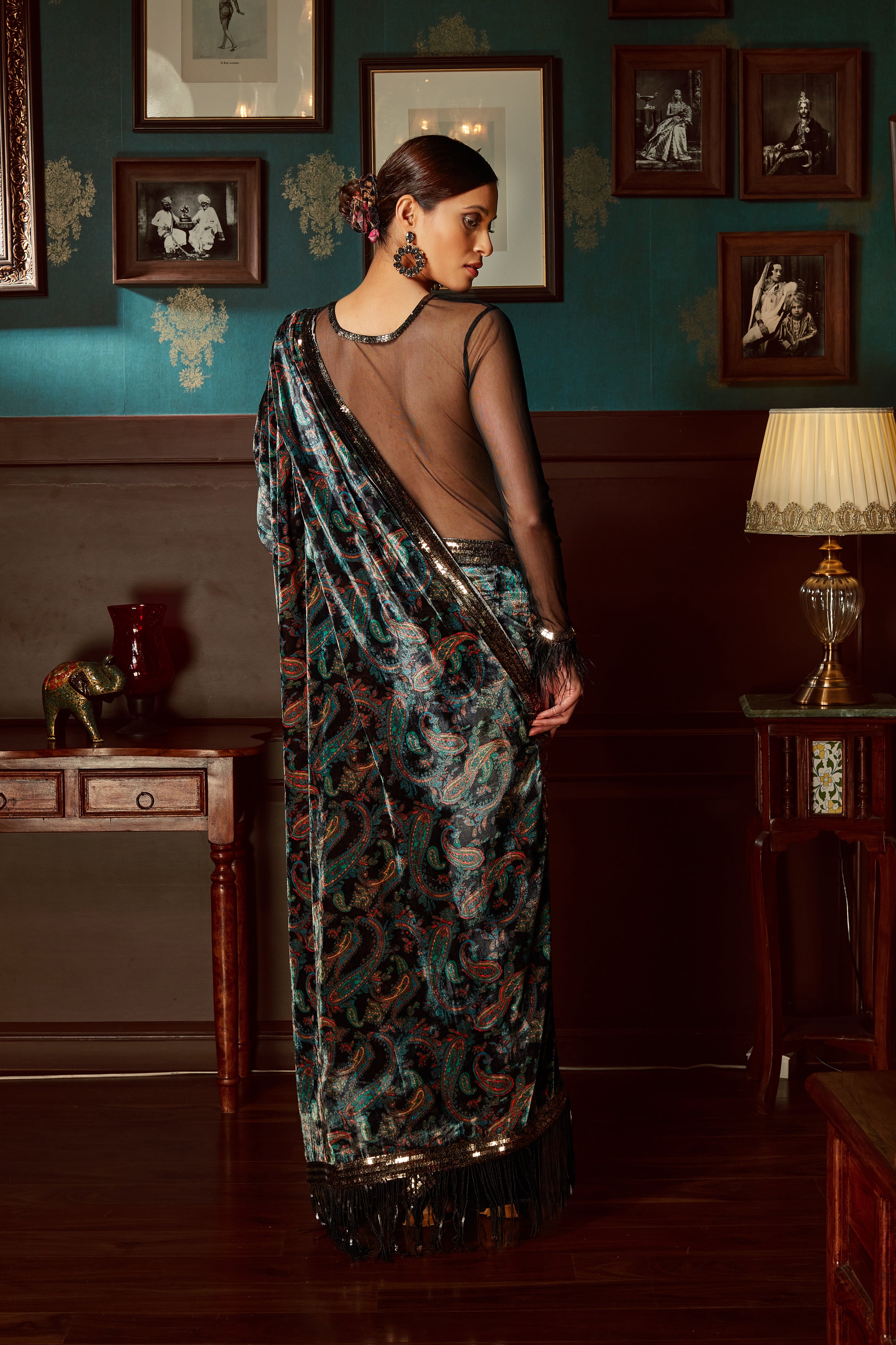 Black velvet Printed Saree