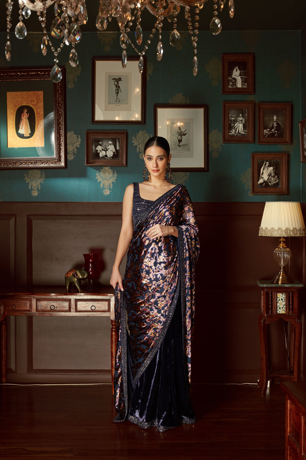 Midnight Blue Velvet Pre Draped Saree