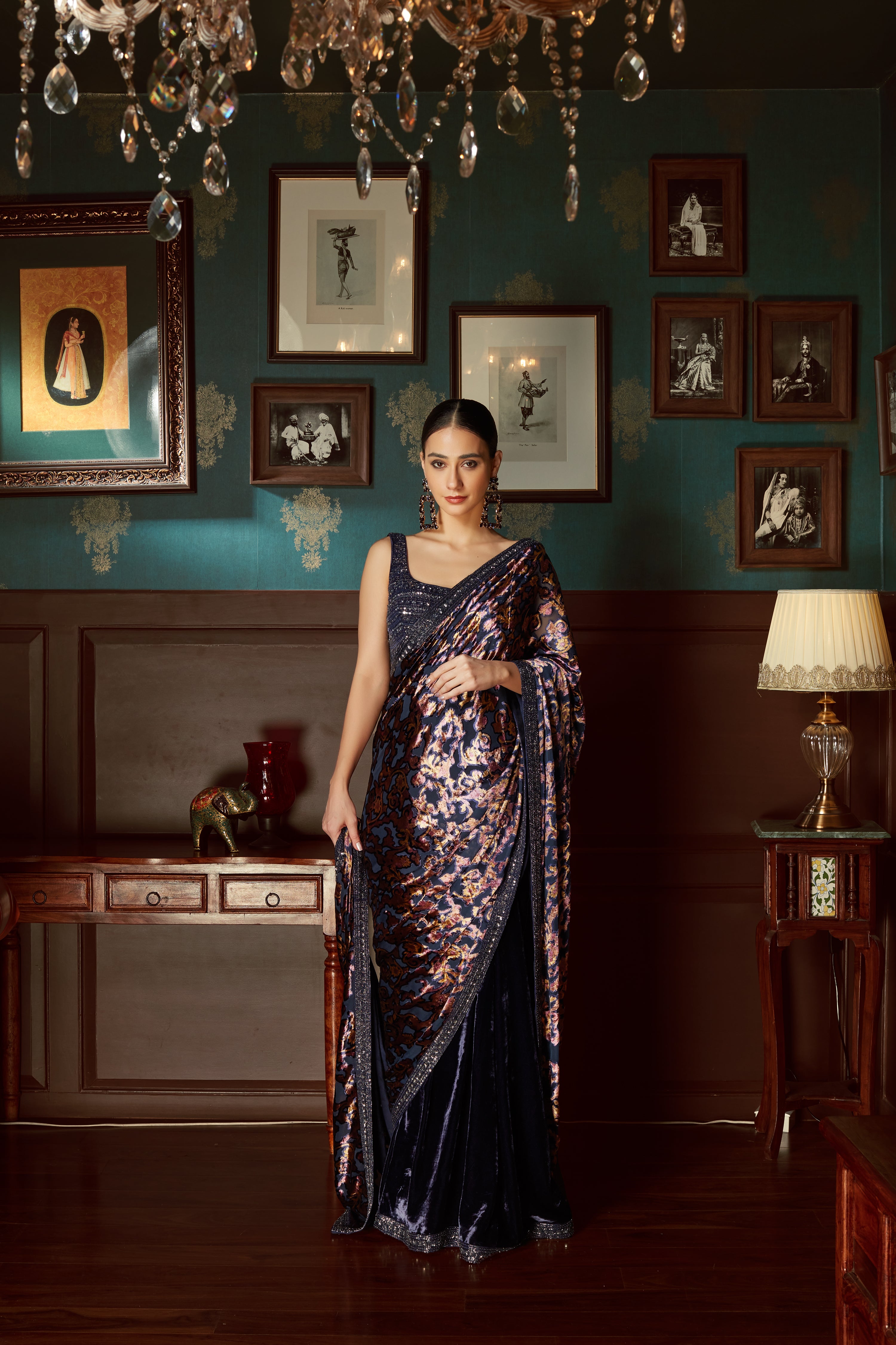 Midnight Blue Velvet Pre Draped Saree