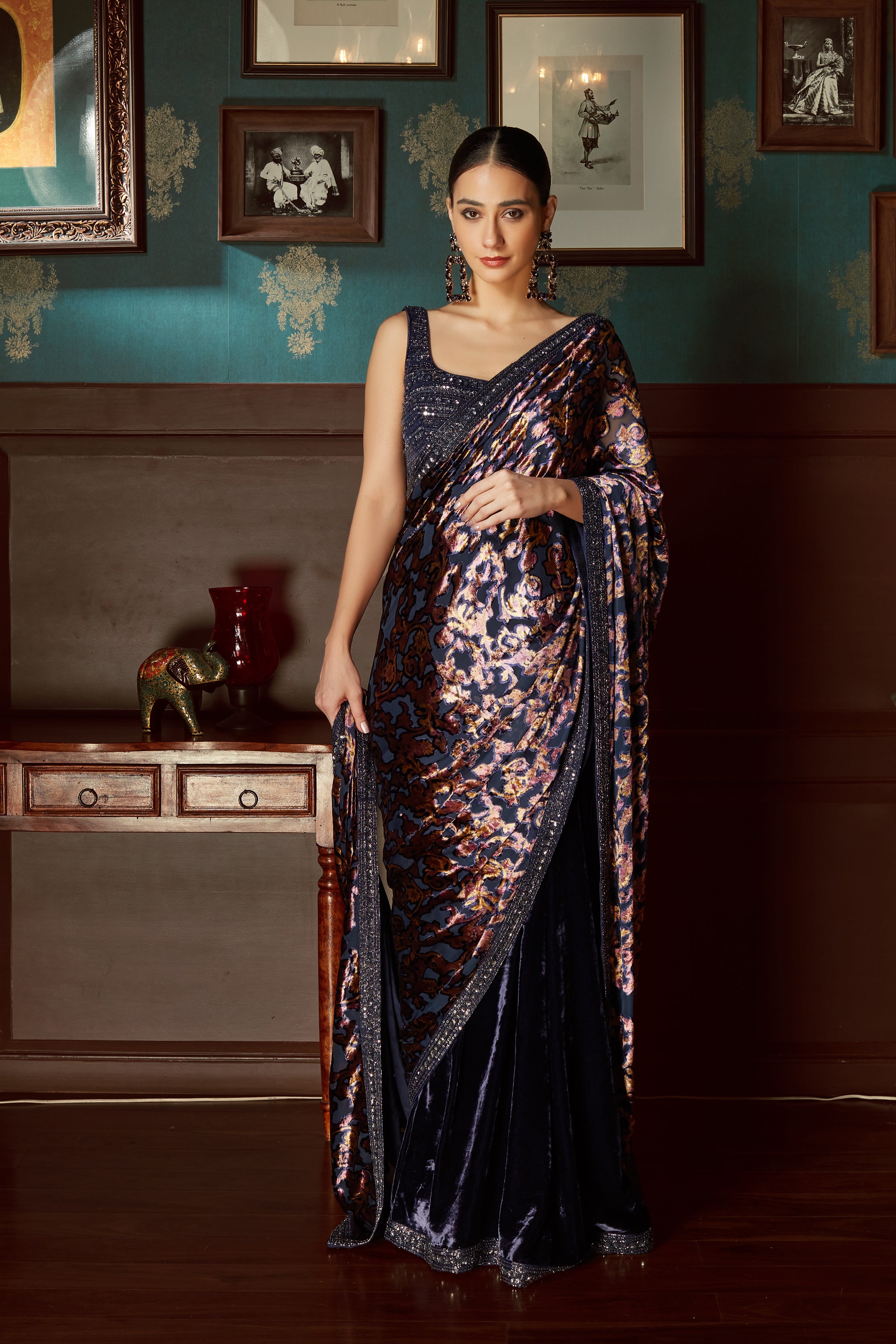 Midnight Blue Velvet Pre Draped Saree
