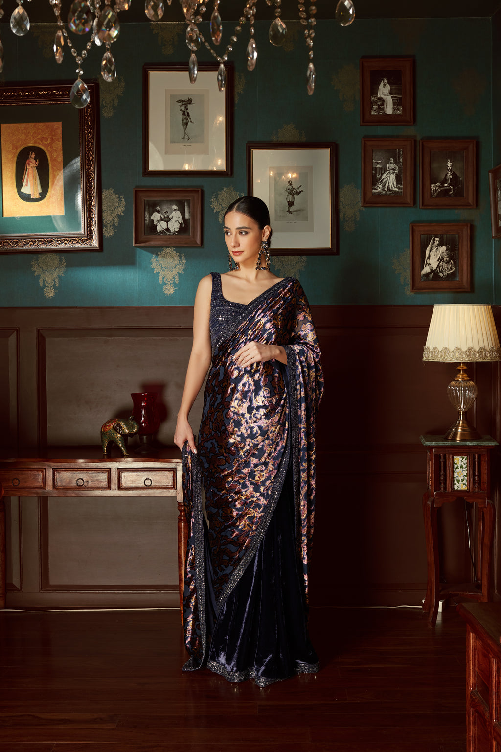 Midnight Blue Velvet Pre Draped Saree