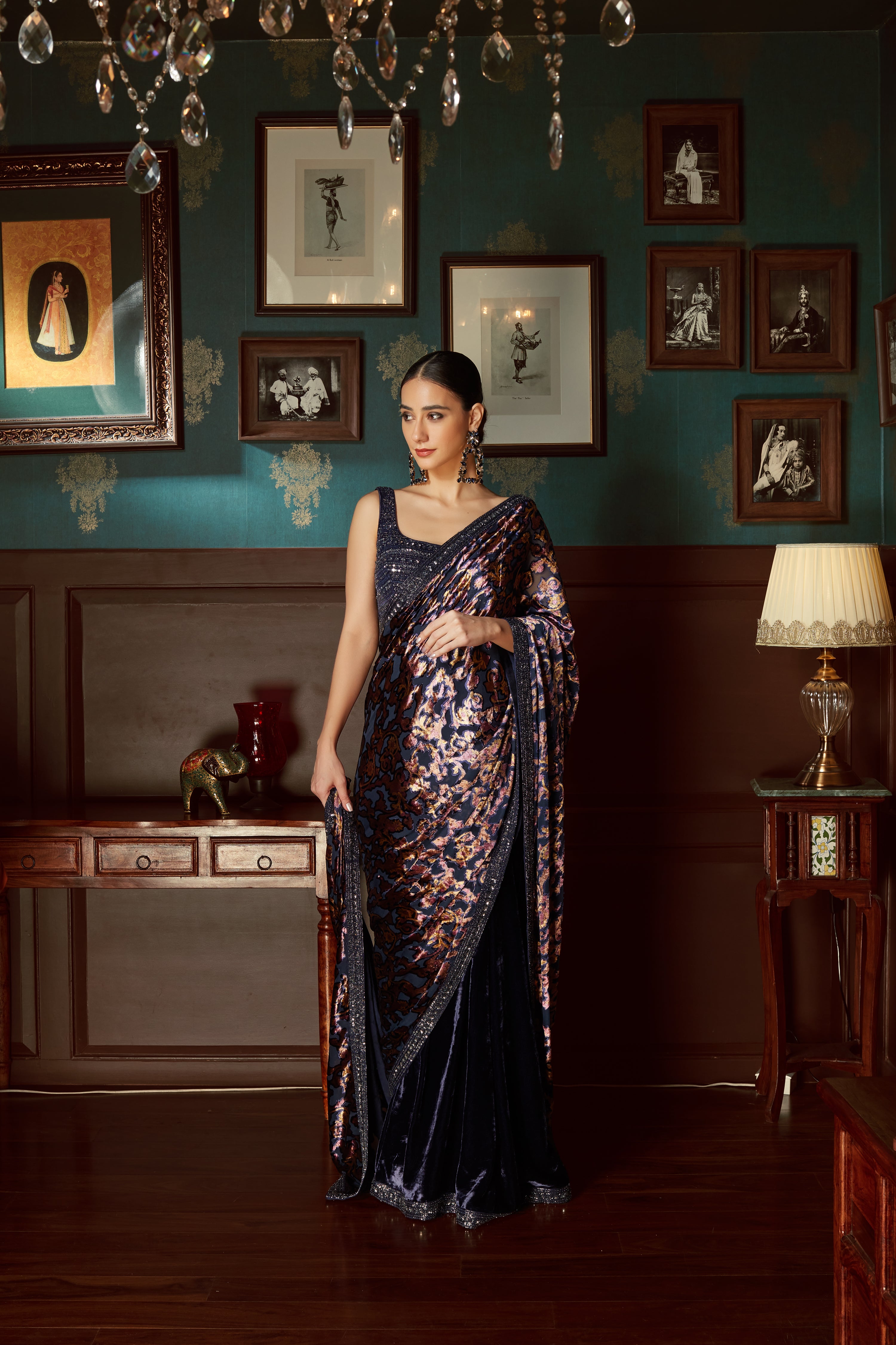 Midnight Blue Velvet Pre Draped Saree