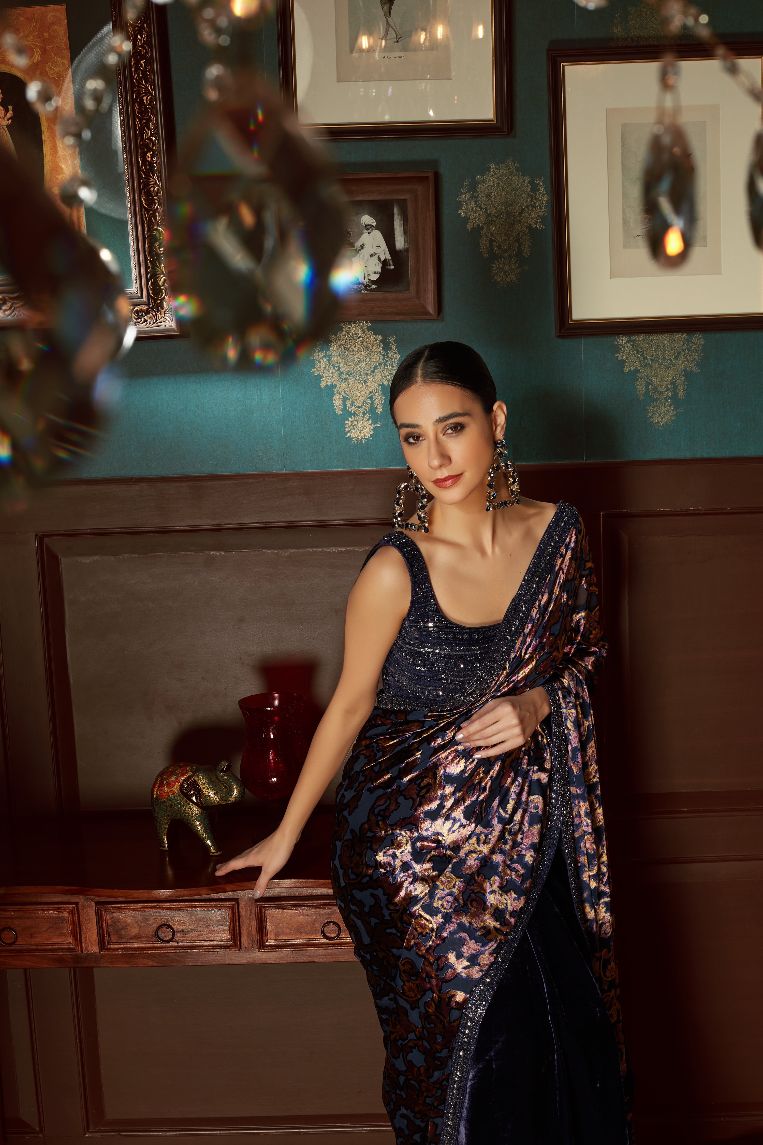 Midnight Blue Velvet Pre Draped Saree