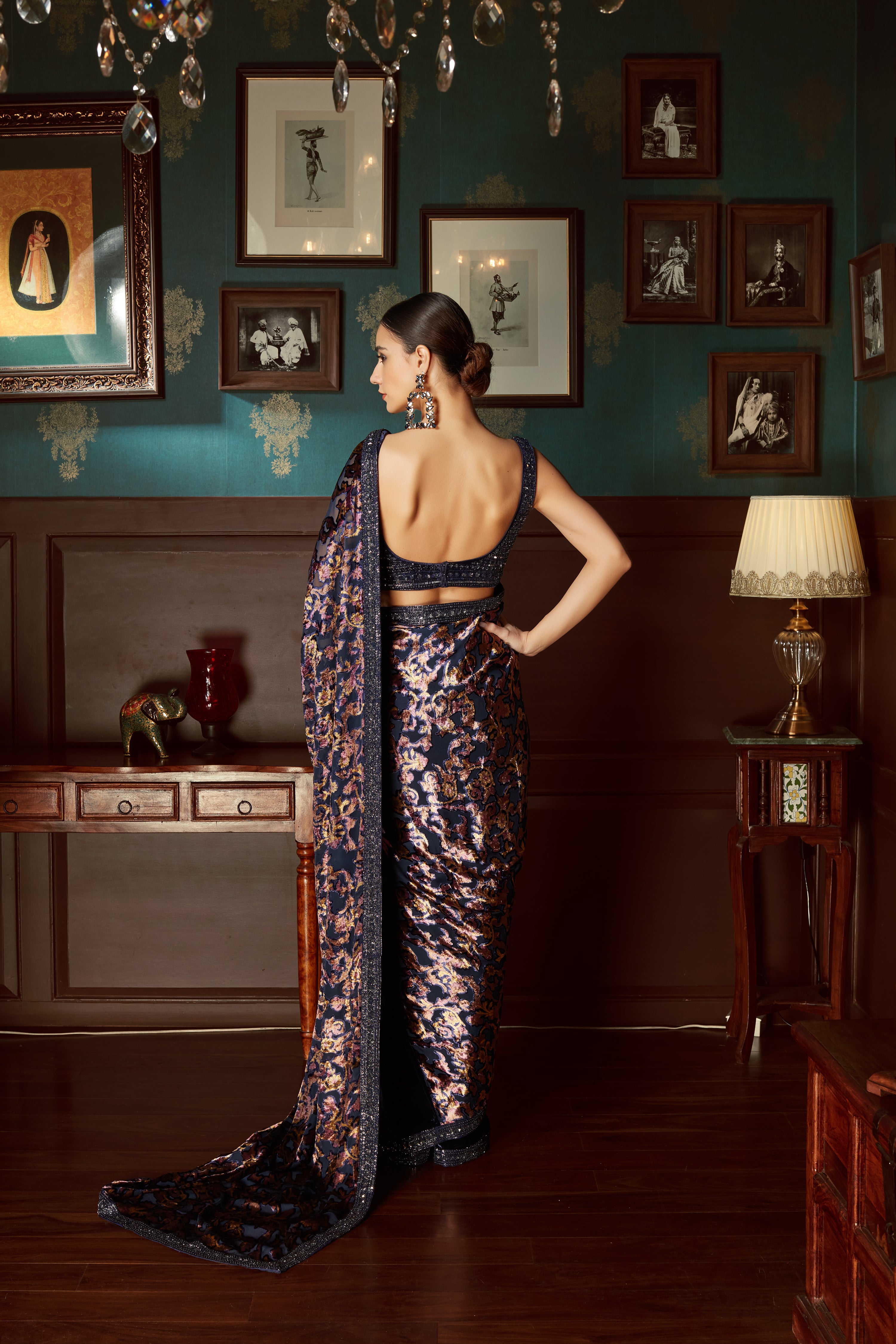 Midnight Blue Velvet Pre Draped Saree