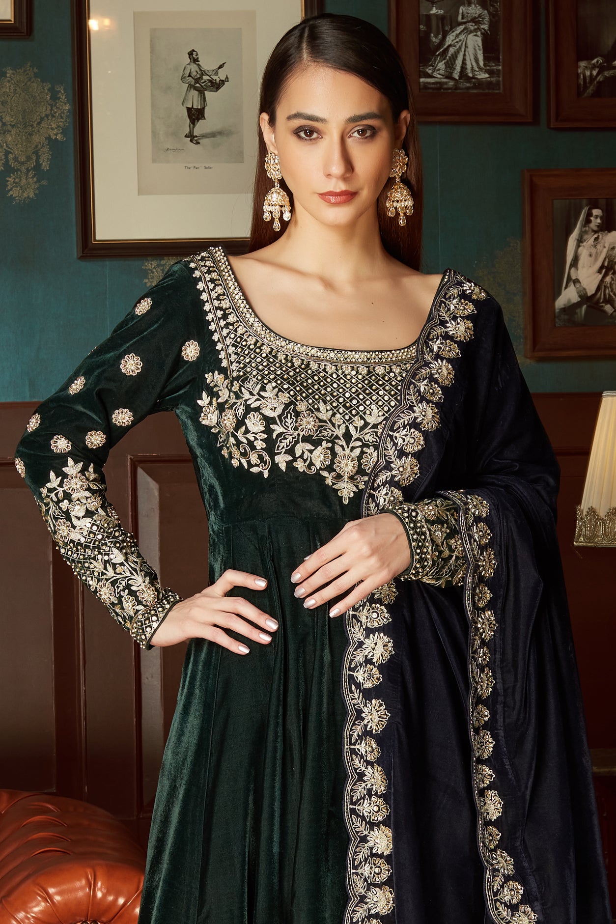 Bottle Green Velvet Anarkali Set