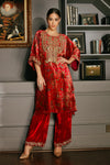 Red Printed Velvet  Suit Set