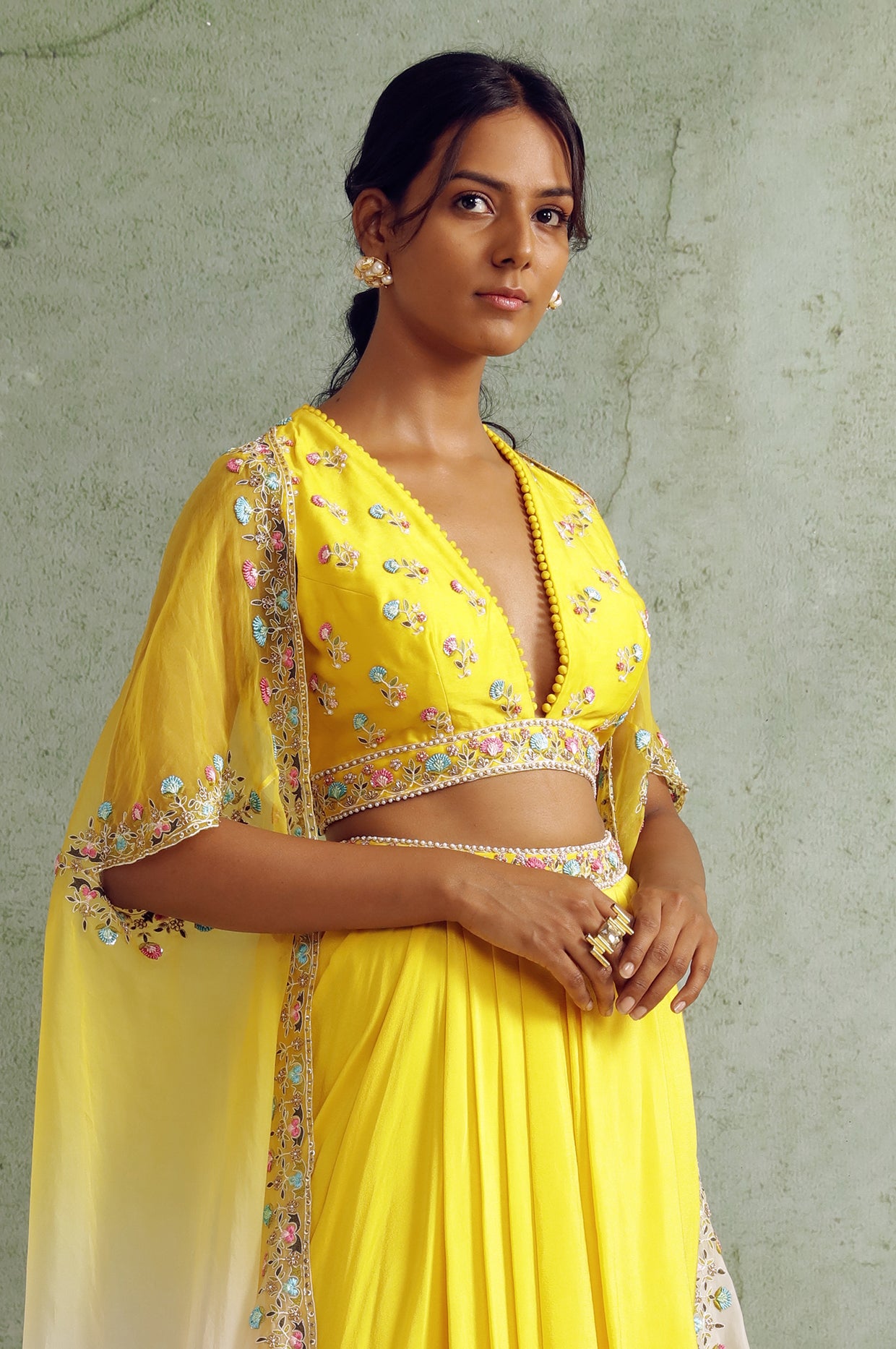 Yellow Crop Top With Draped Skirt And Cape