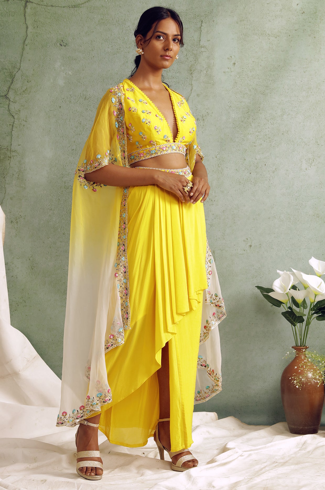 Yellow Crop Top With Draped Skirt And Cape