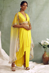 Yellow crop top with draped skirt and cape