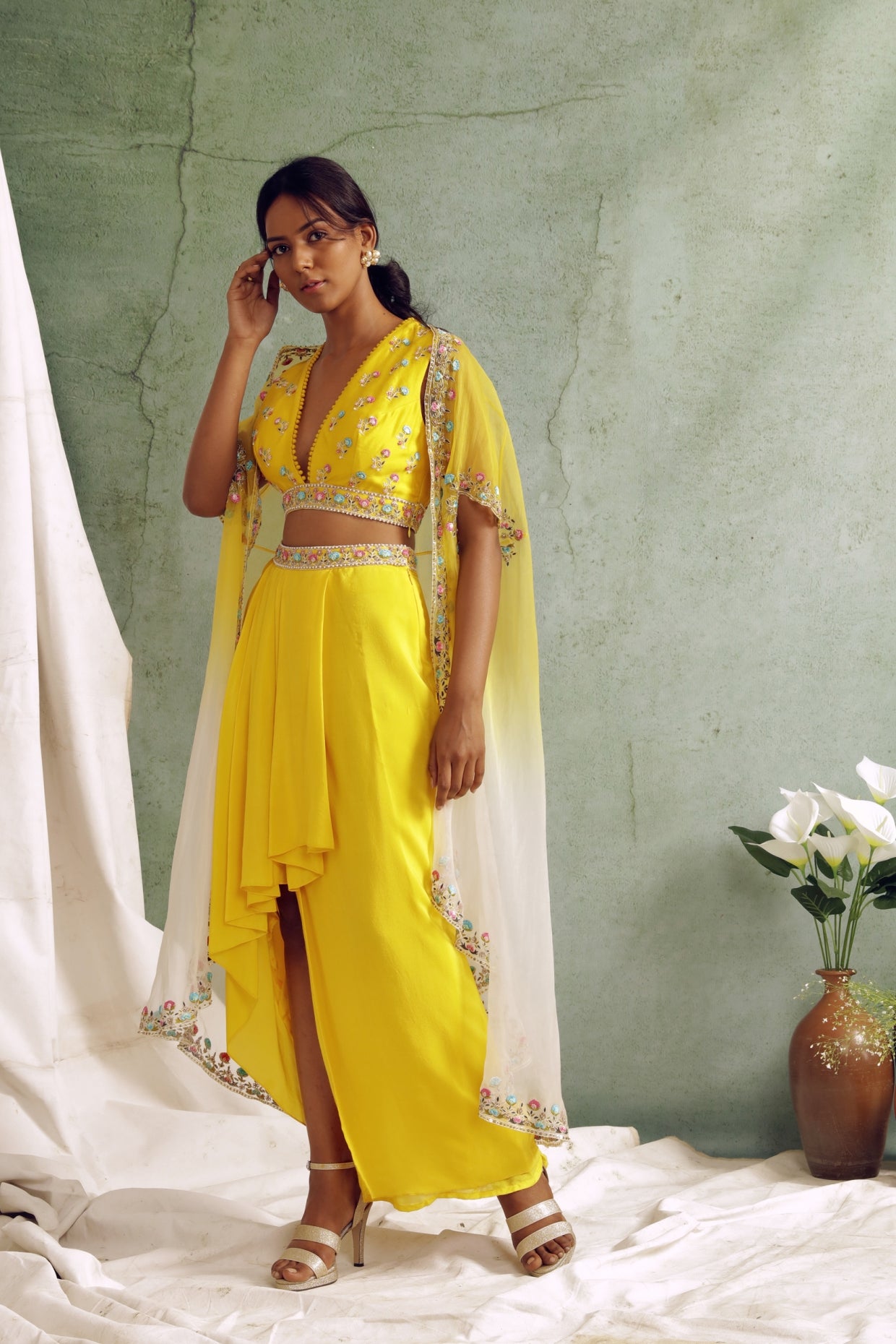 Yellow Crop Top With Draped Skirt And Cape