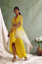 Yellow Crop Top With Draped Skirt And Cape