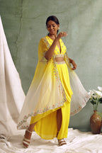 Yellow Crop Top With Draped Skirt And Cape