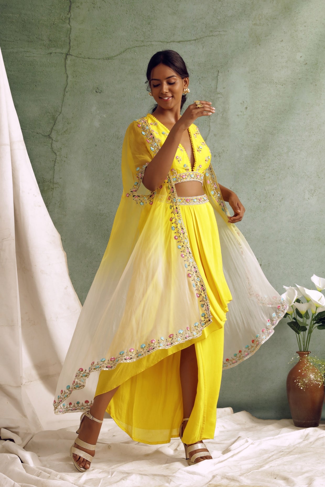 Yellow Crop Top With Draped Skirt And Cape